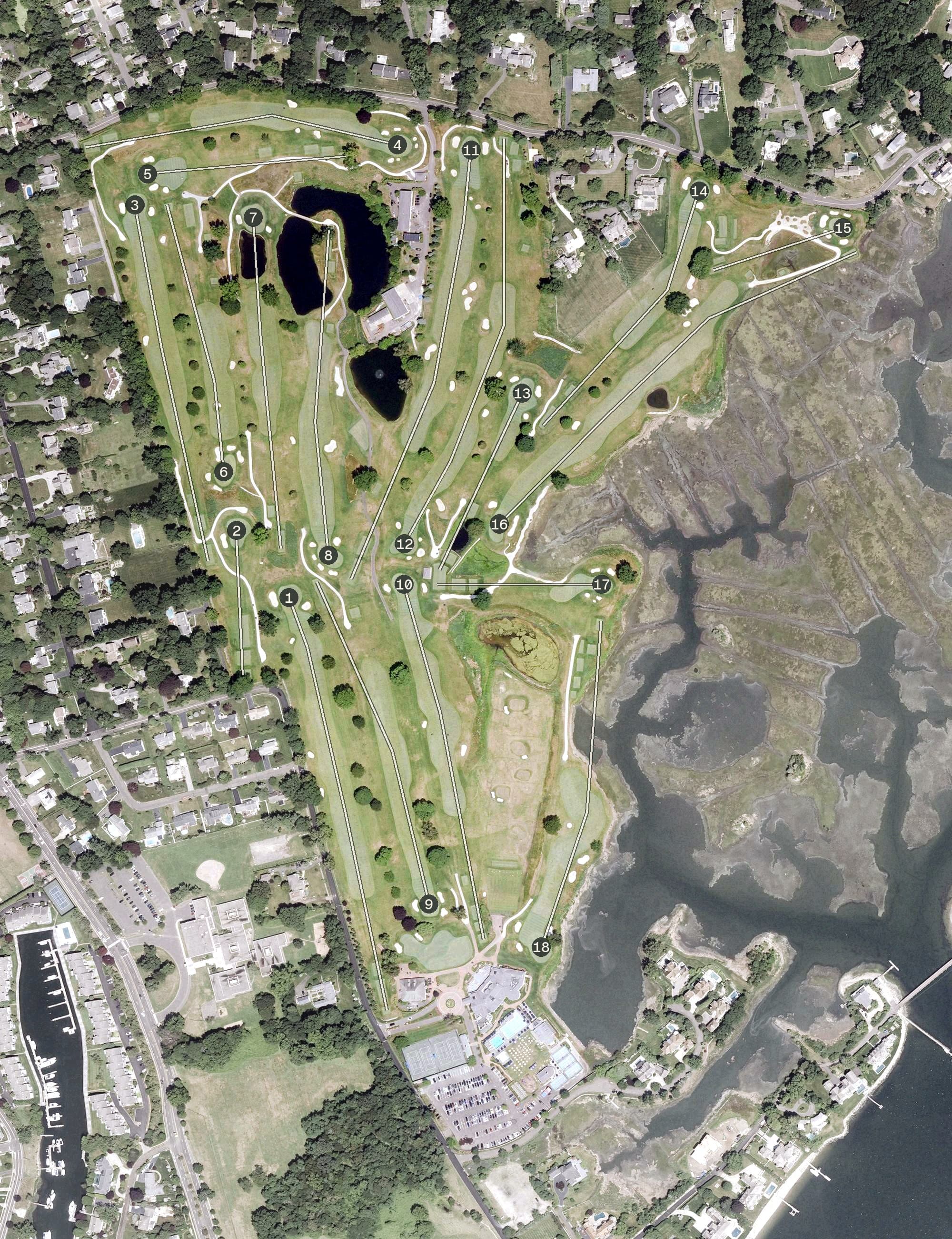 Aerial view of Shorehaven Golf Club, CT, with its hole routing marked