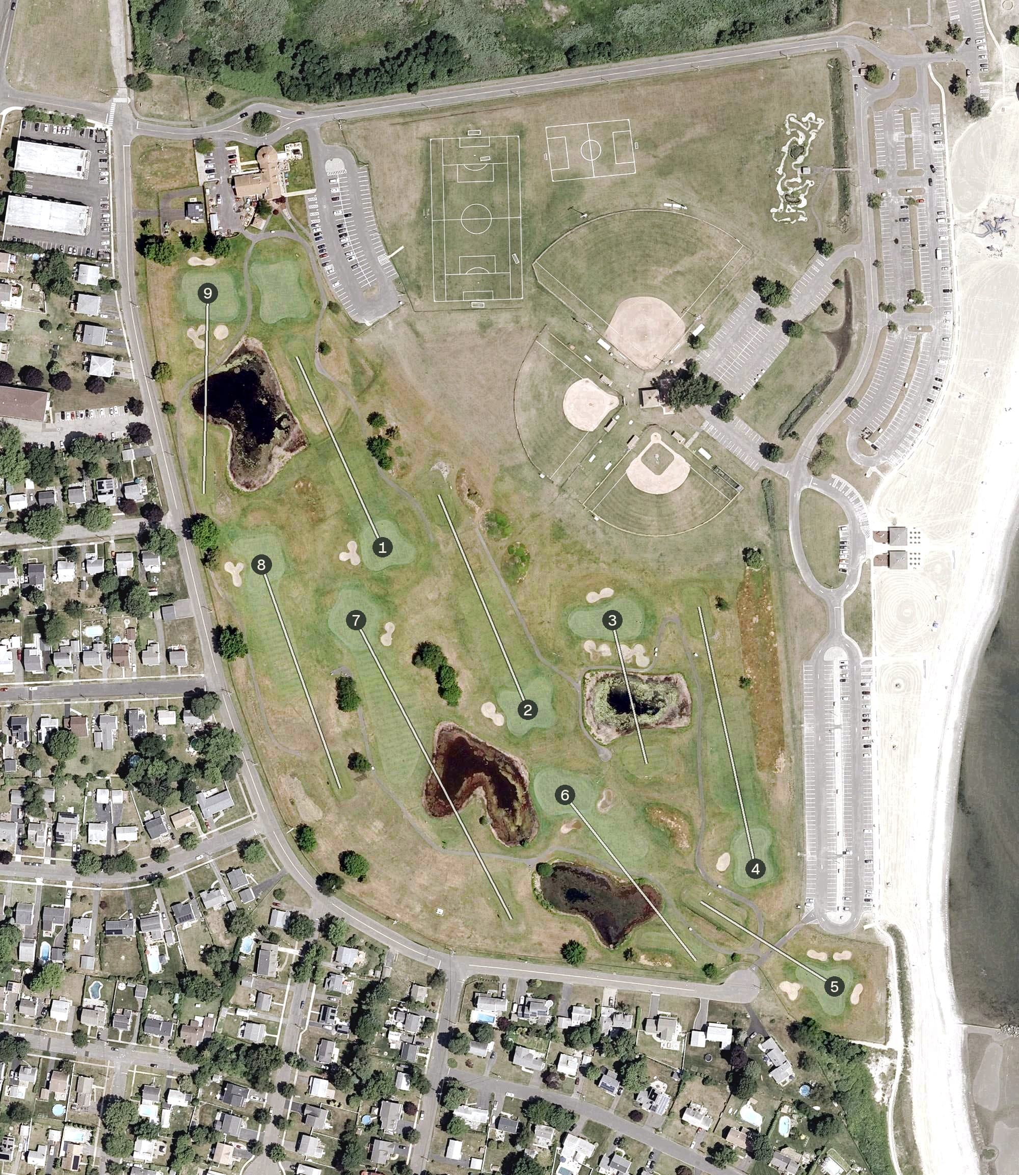 Aerial view of Short Beach Golf Course, CT, with its hole routing marked
