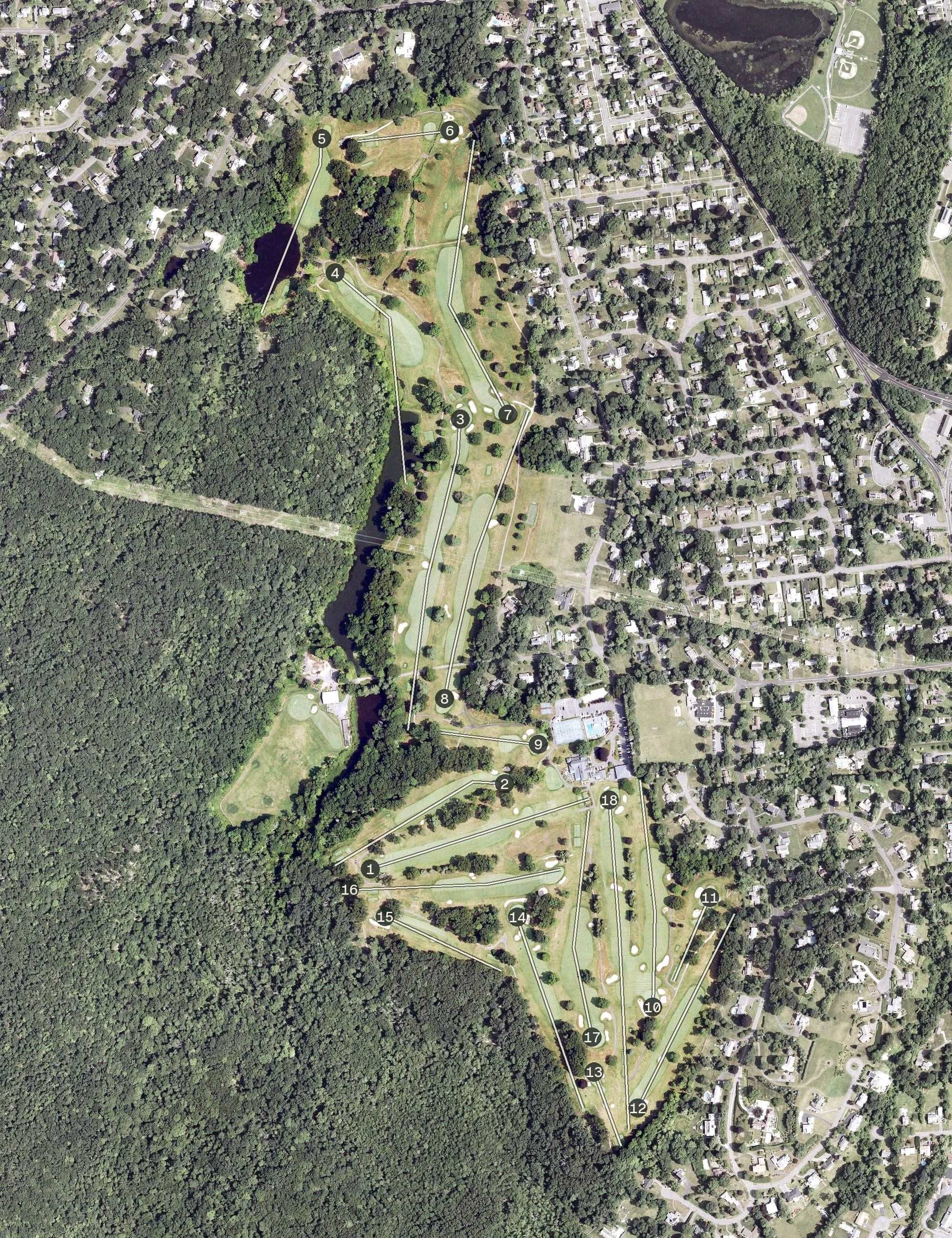 Aerial view of Shuttle Meadow Country Club, CT, with its hole routing marked