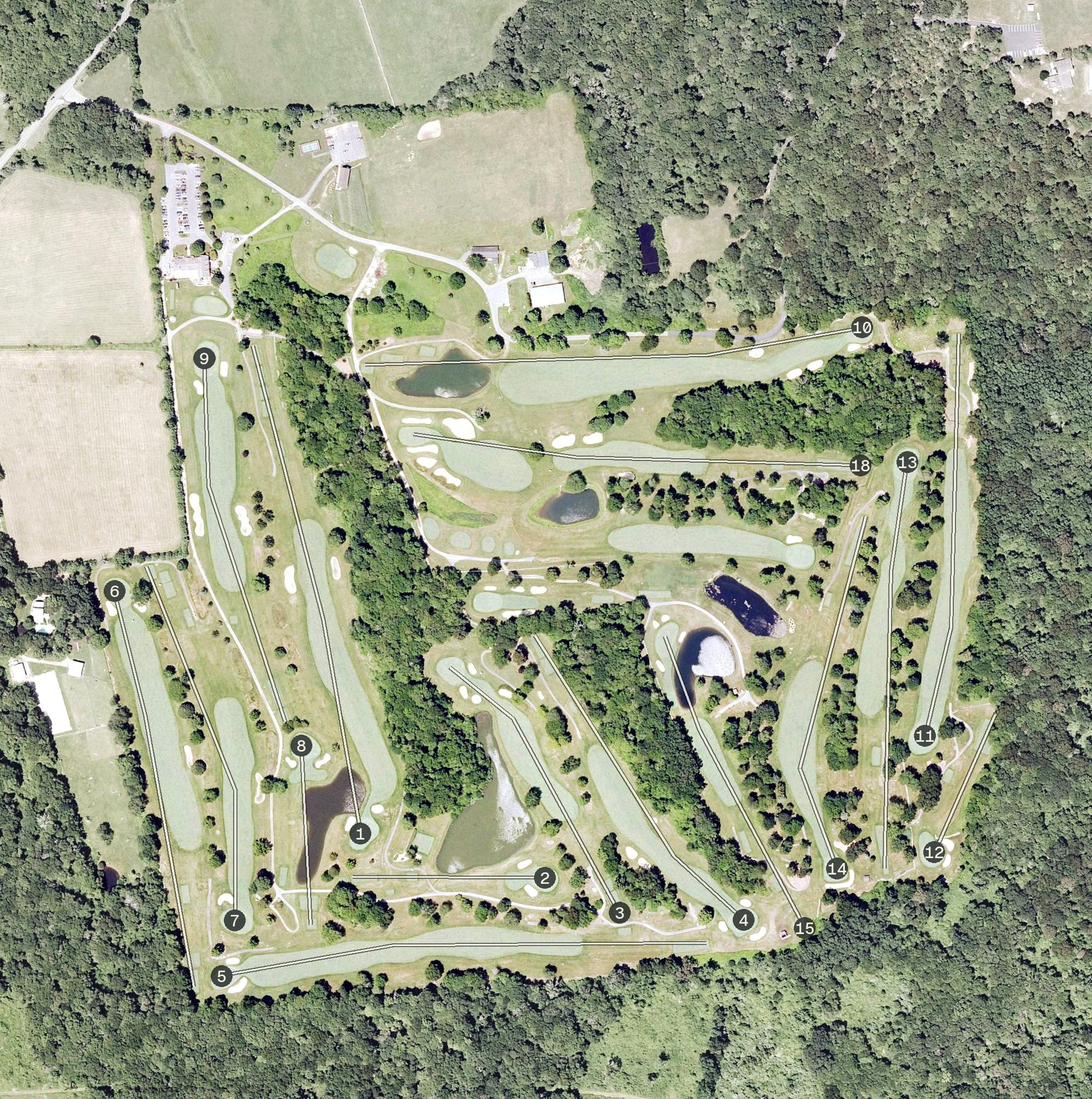 Aerial view of Stonington Country Club, CT, with its hole routing marked