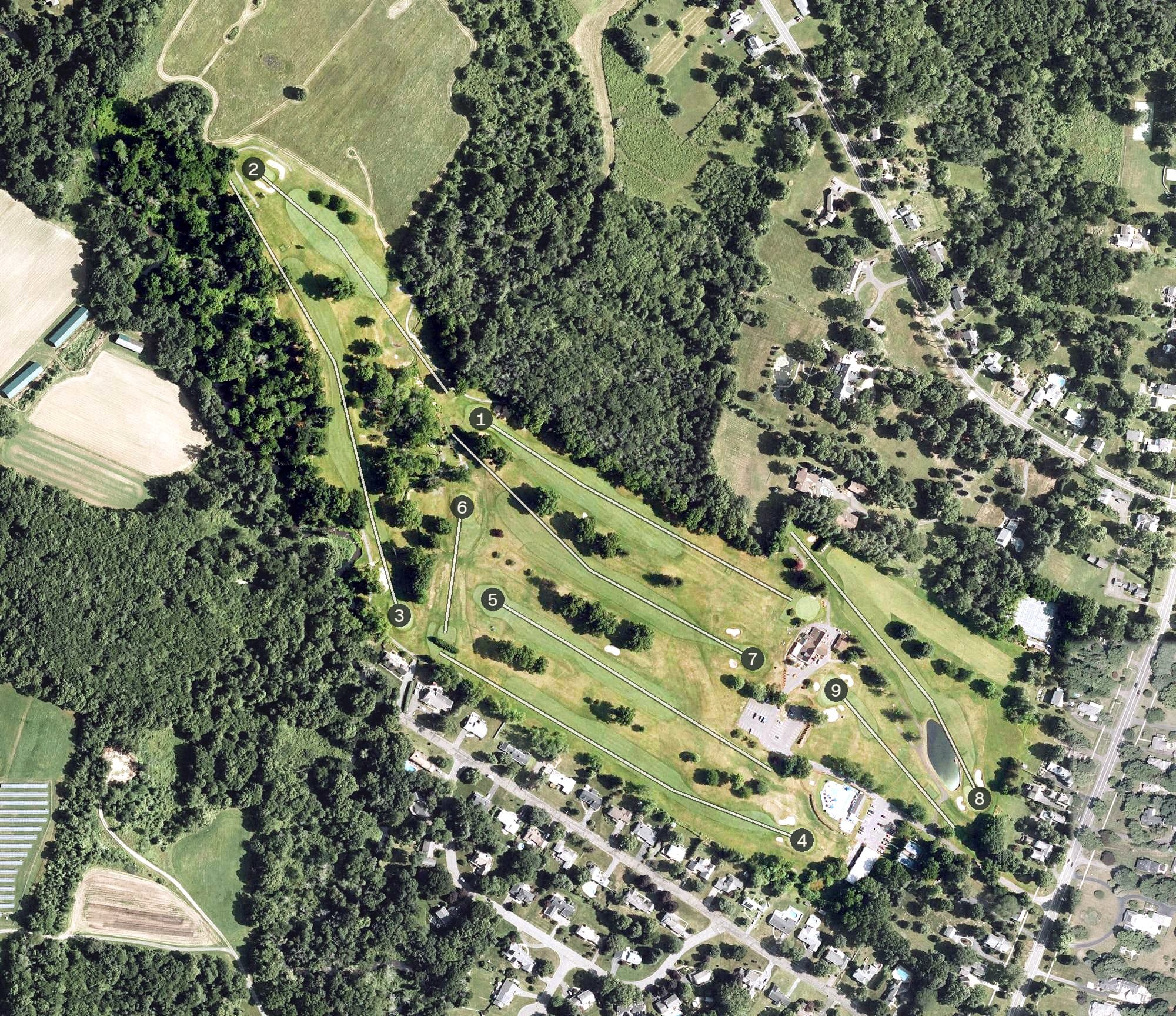Aerial view of Suffield Country Club, Inc., CT, with its hole routing marked