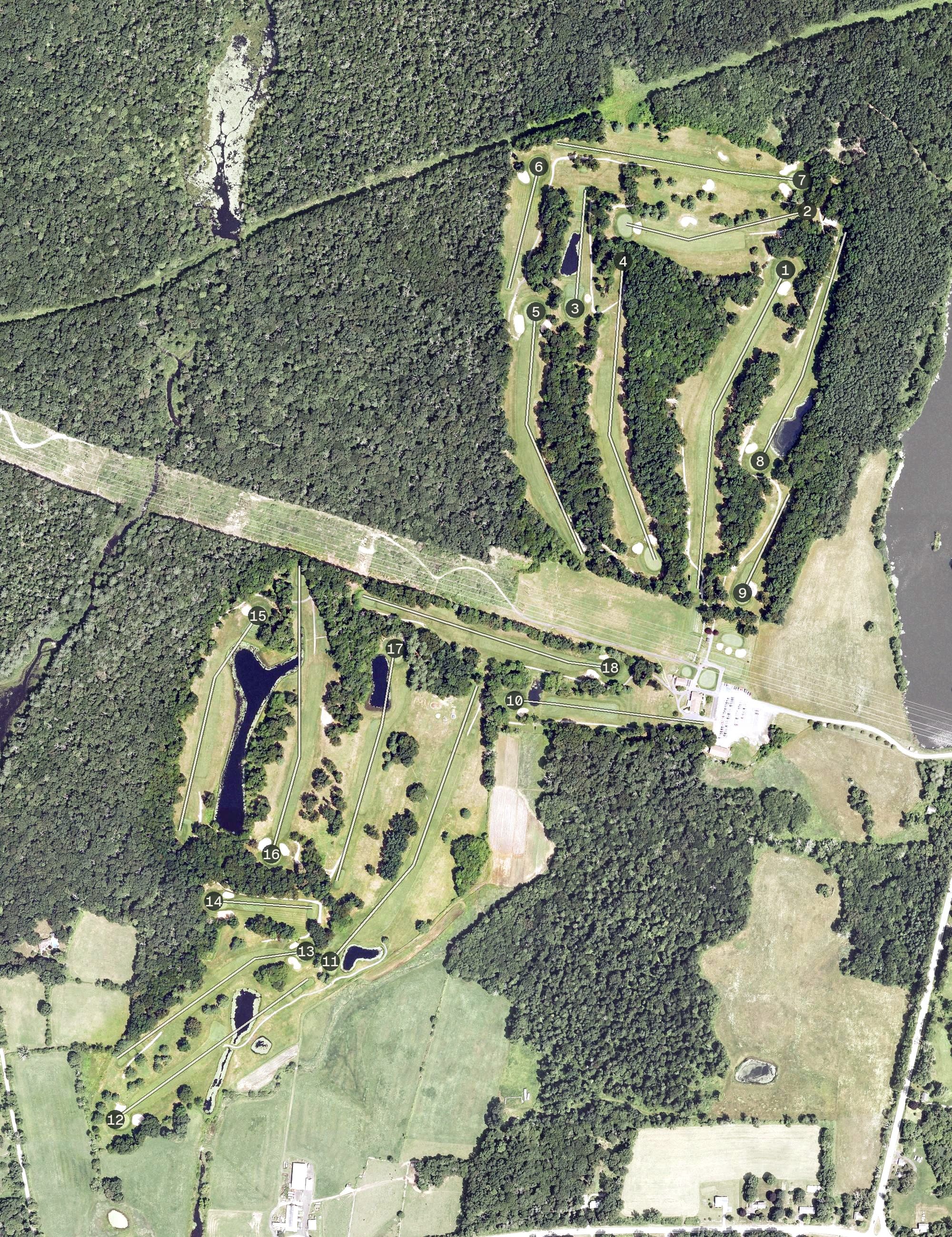 Aerial view of Tallwood Country Club, CT, with its hole routing marked