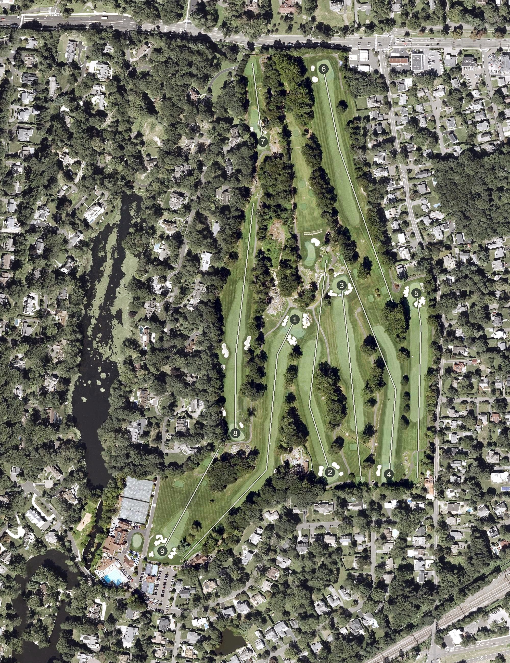 Aerial view of The Milbrook Club, CT, with its hole routing marked