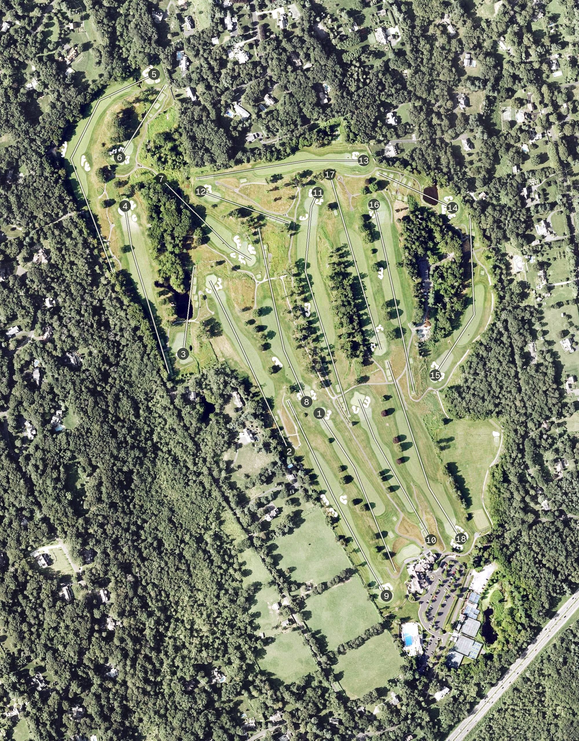 Aerial view of The Patterson Club, CT, with its hole routing marked