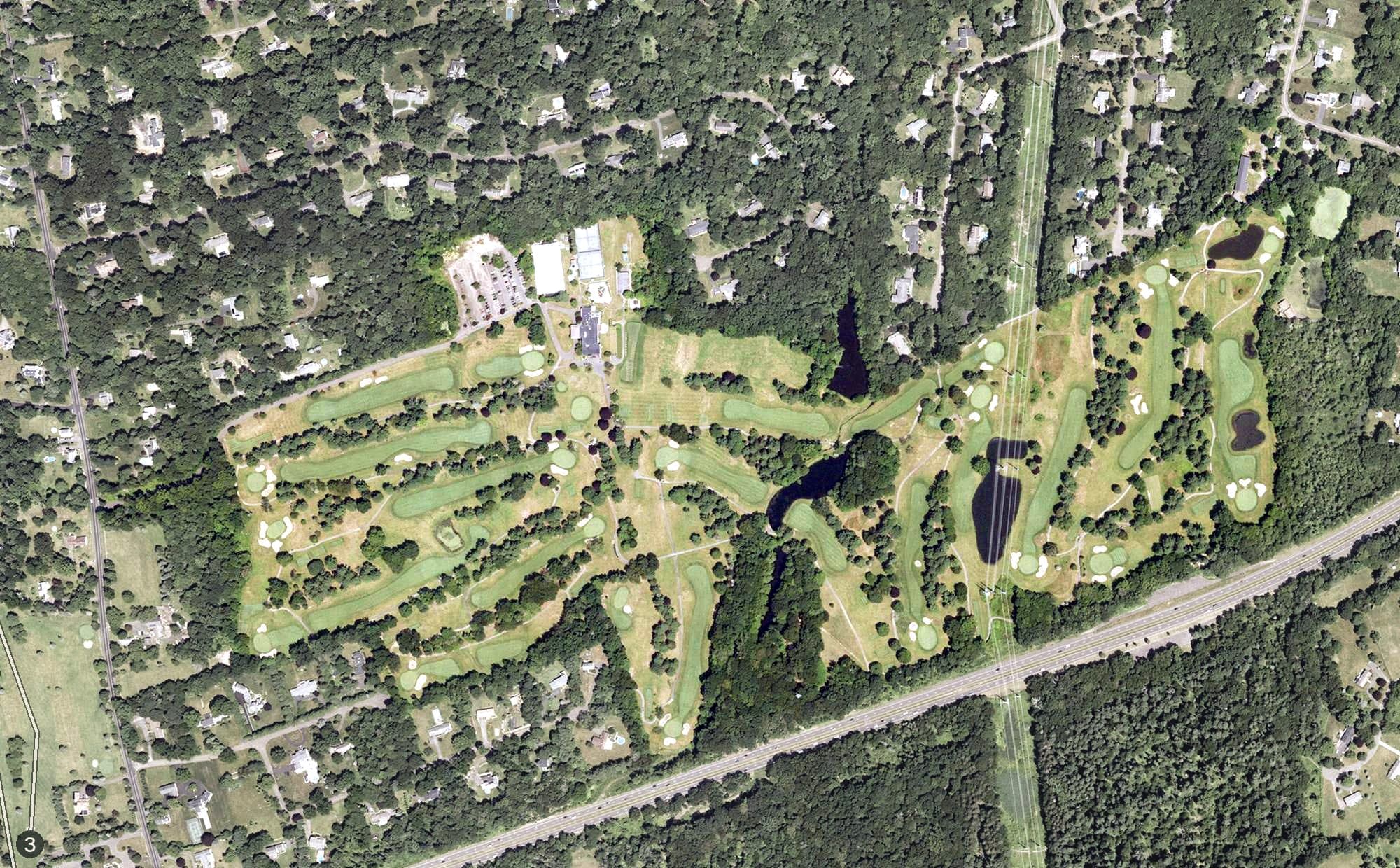 Aerial view of The Tradition Golf Club at Oak Lane, CT, with its hole routing marked