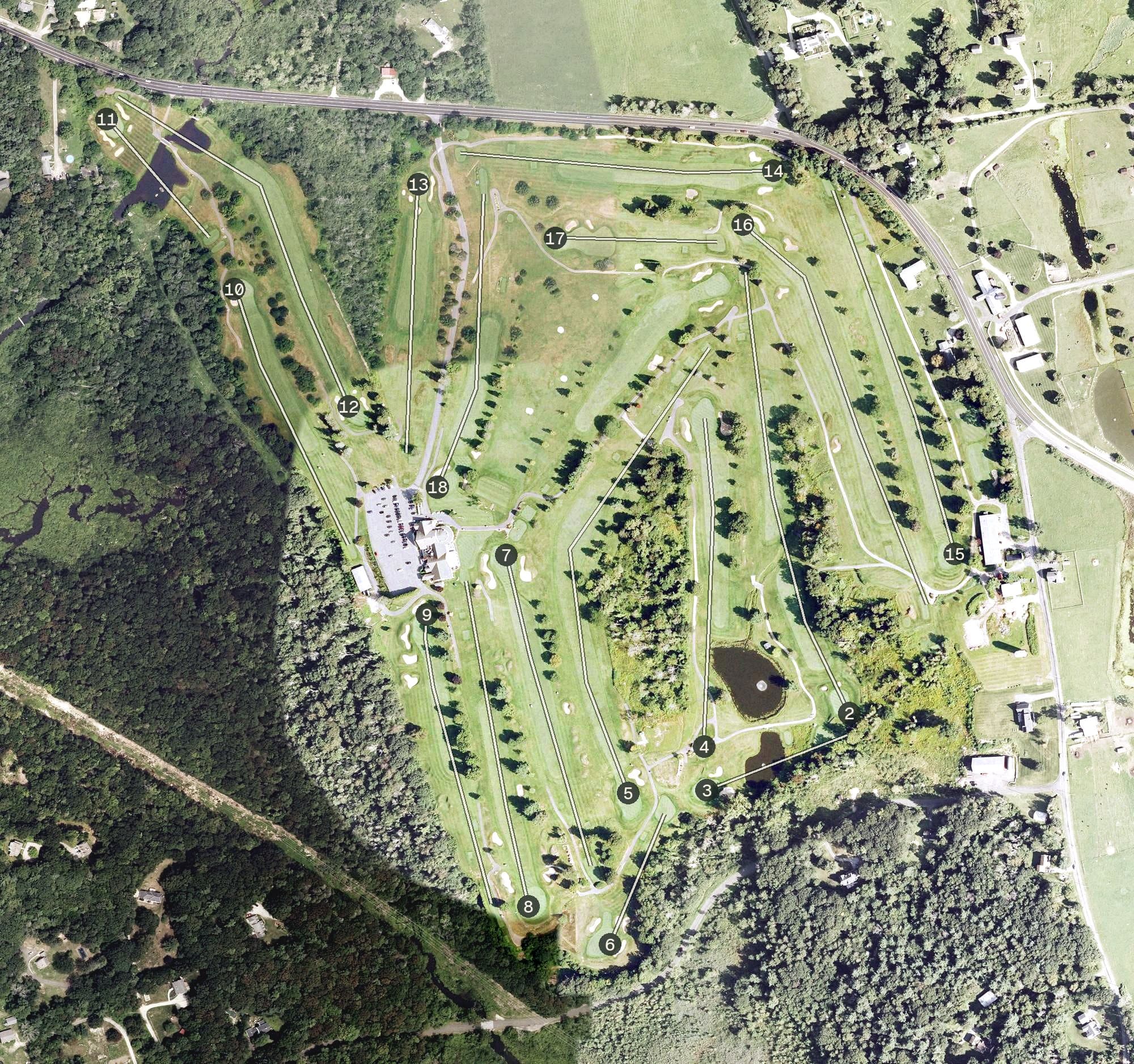 Aerial view of Torrington Country Club, CT, with its hole routing marked