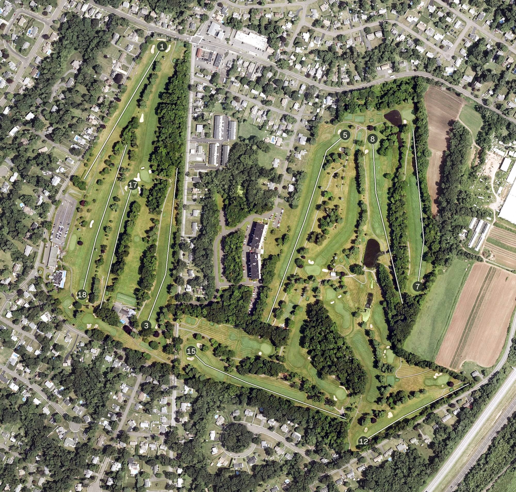 Aerial view of Wallingford Country Club, CT, with its hole routing marked