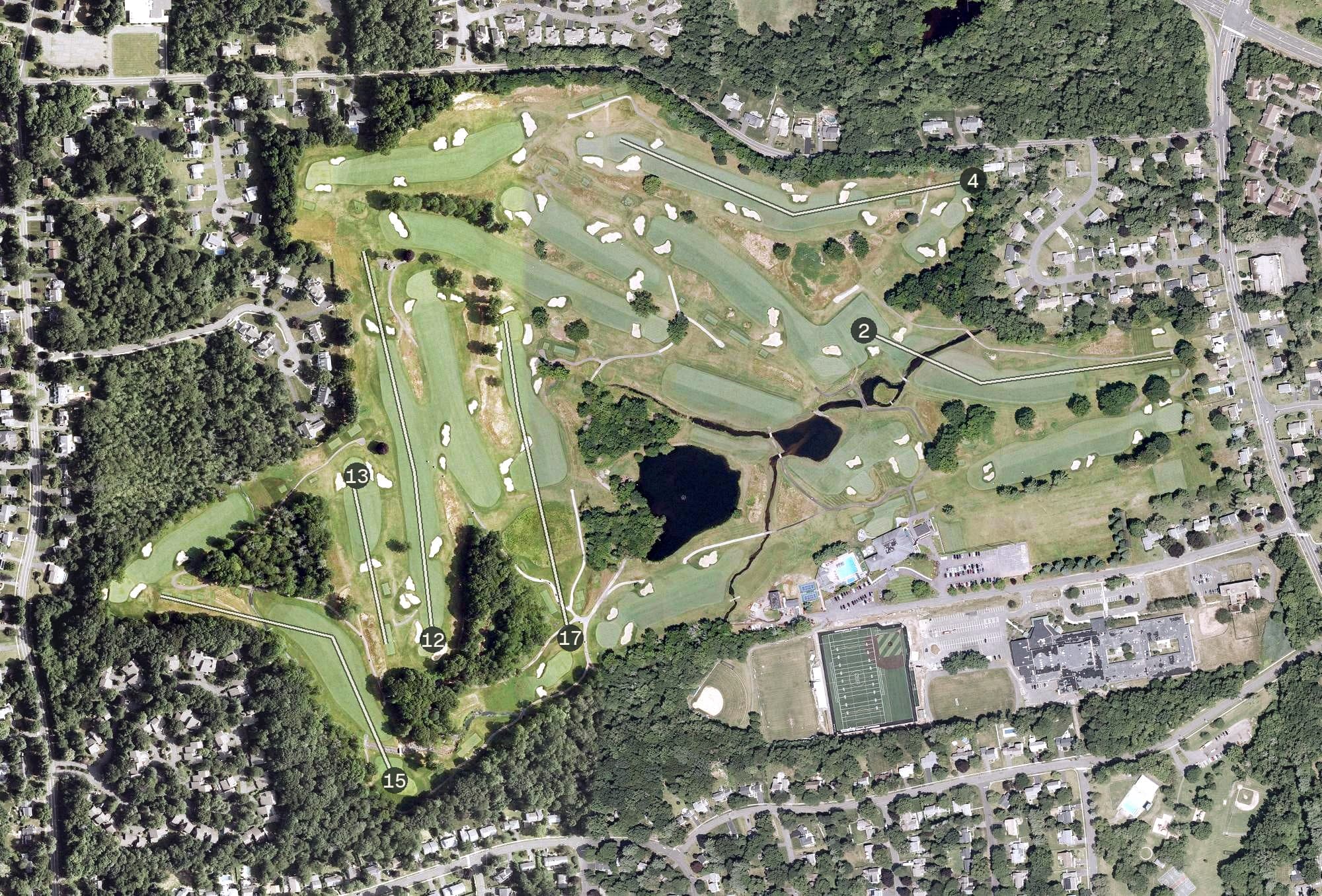 Aerial view of Wampanoag Country Club, CT, with its hole routing marked