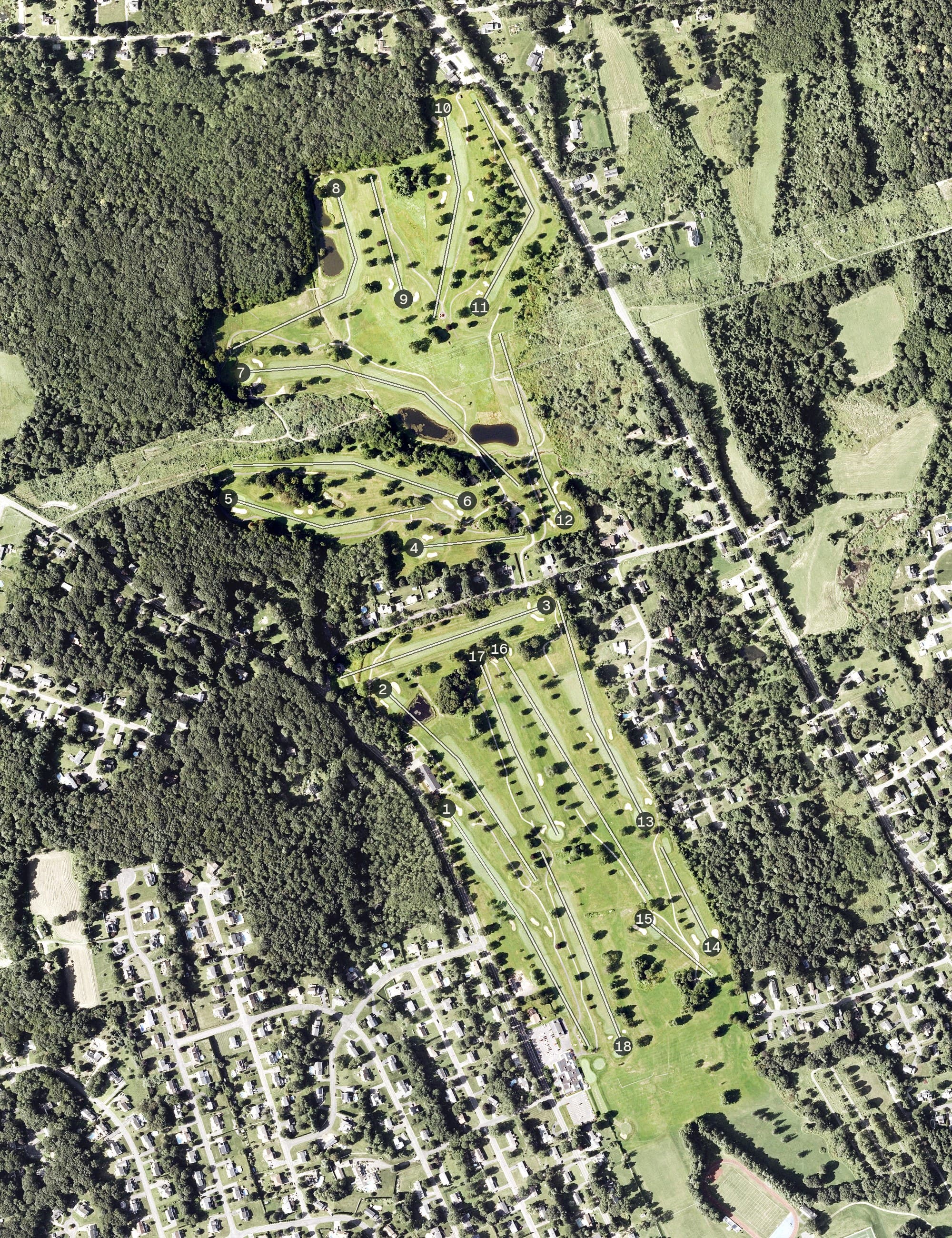 Aerial view of Watertown Golf Club, CT, with its hole routing marked