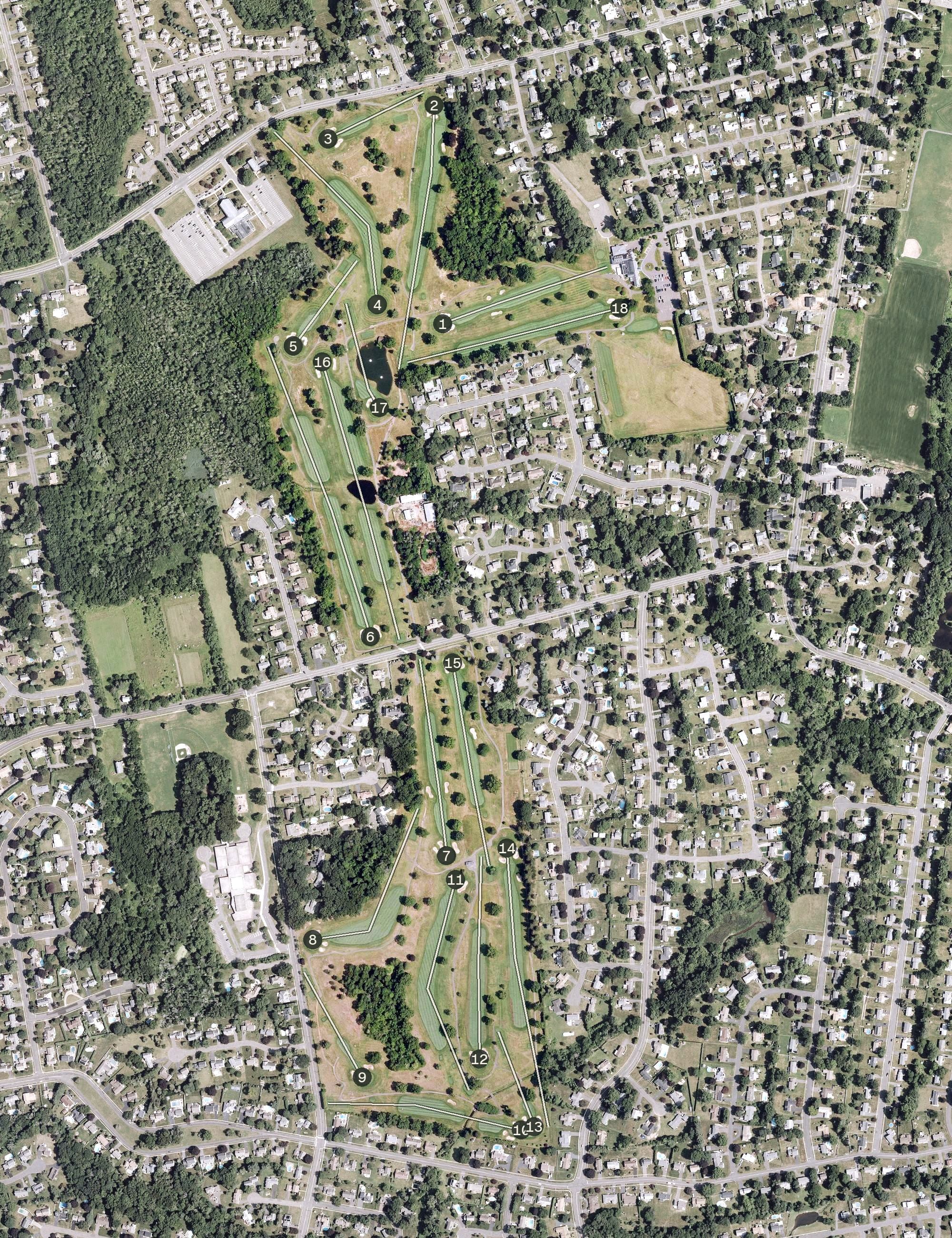 Aerial view of Wethersfield Country Club, CT, with its hole routing marked