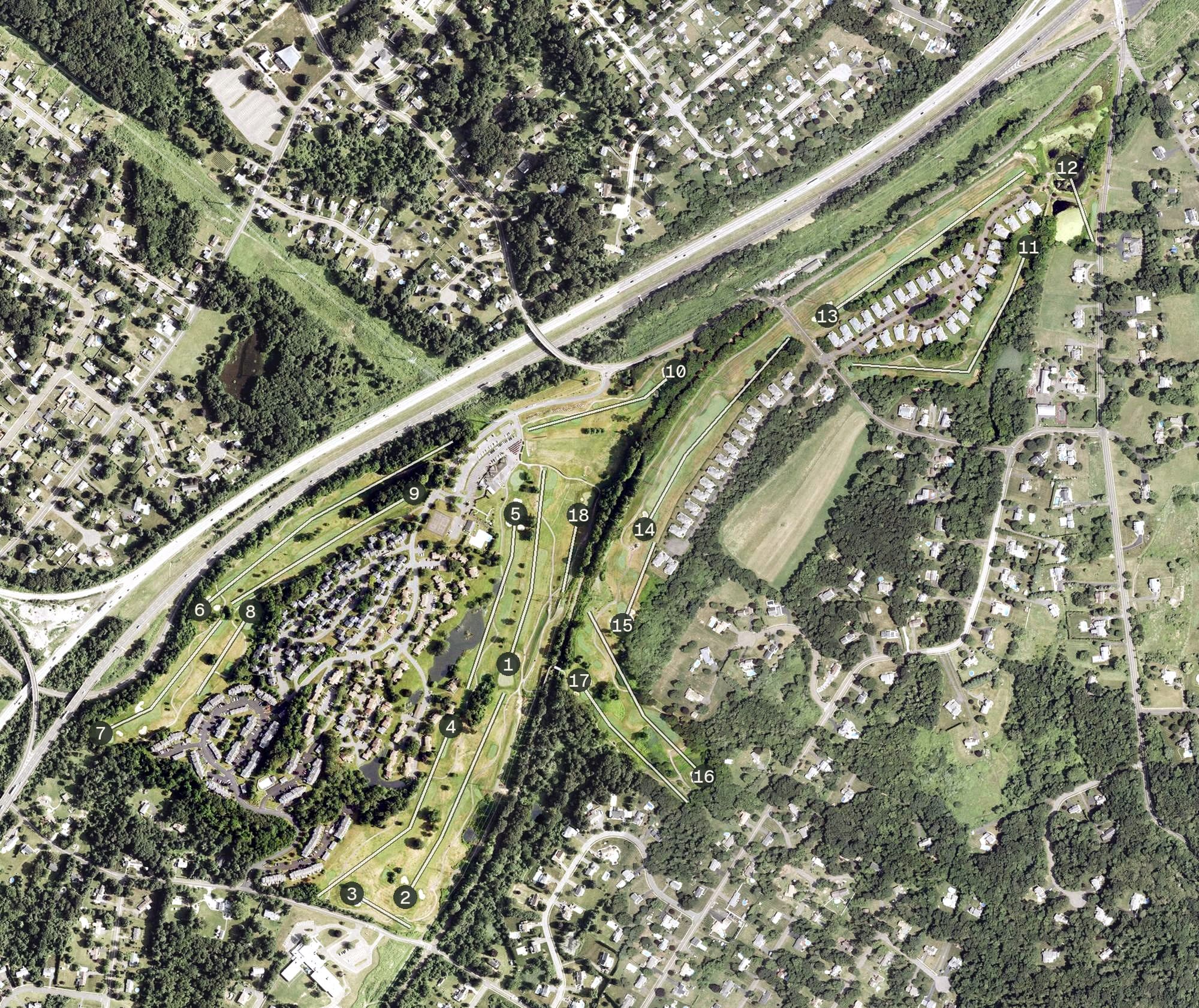 Aerial view of Wheeler Family Traditions Golf Club, CT, with its hole routing marked