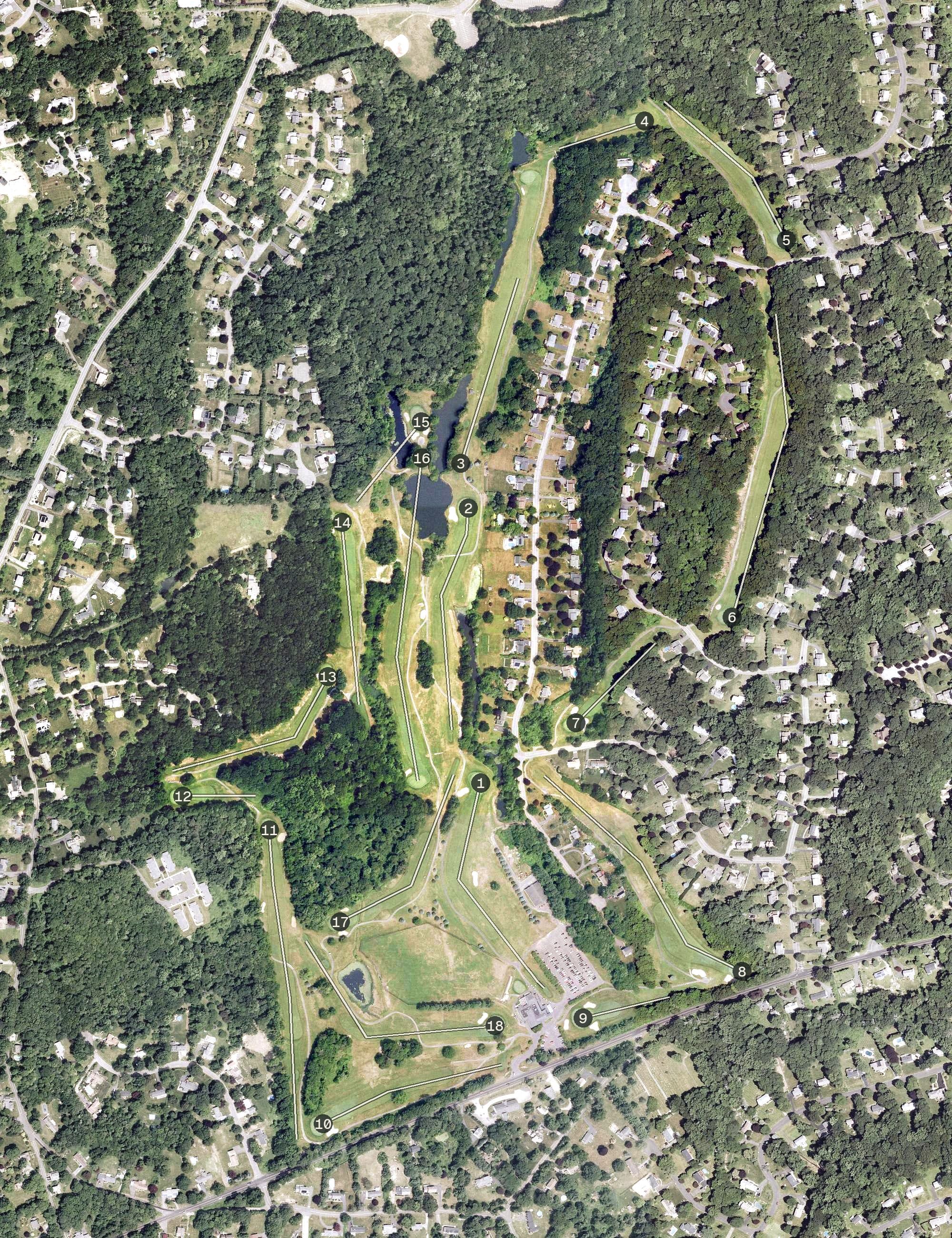 Aerial view of Whitney Farms Golf Course, CT, with its hole routing marked
