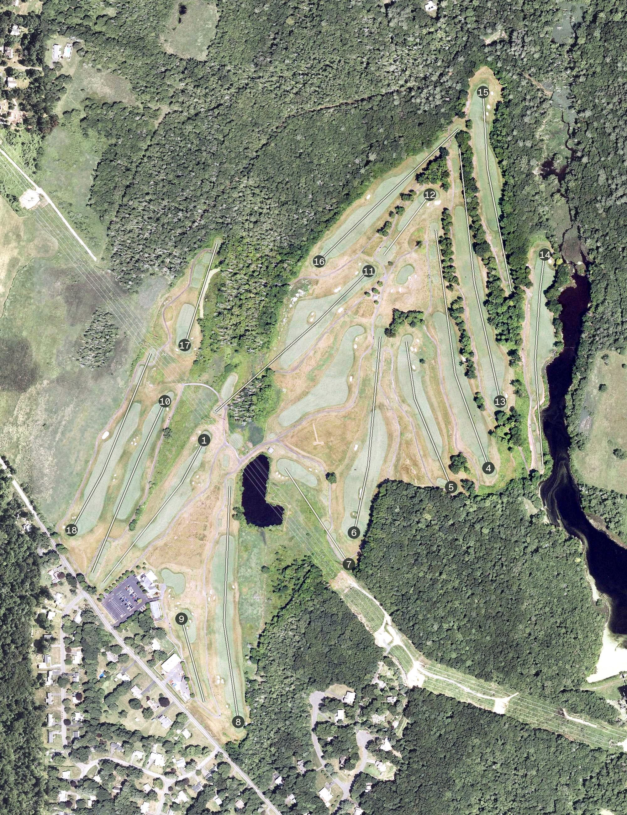 Aerial view of Wintonbury Hills Golf Course, CT, with its hole routing marked