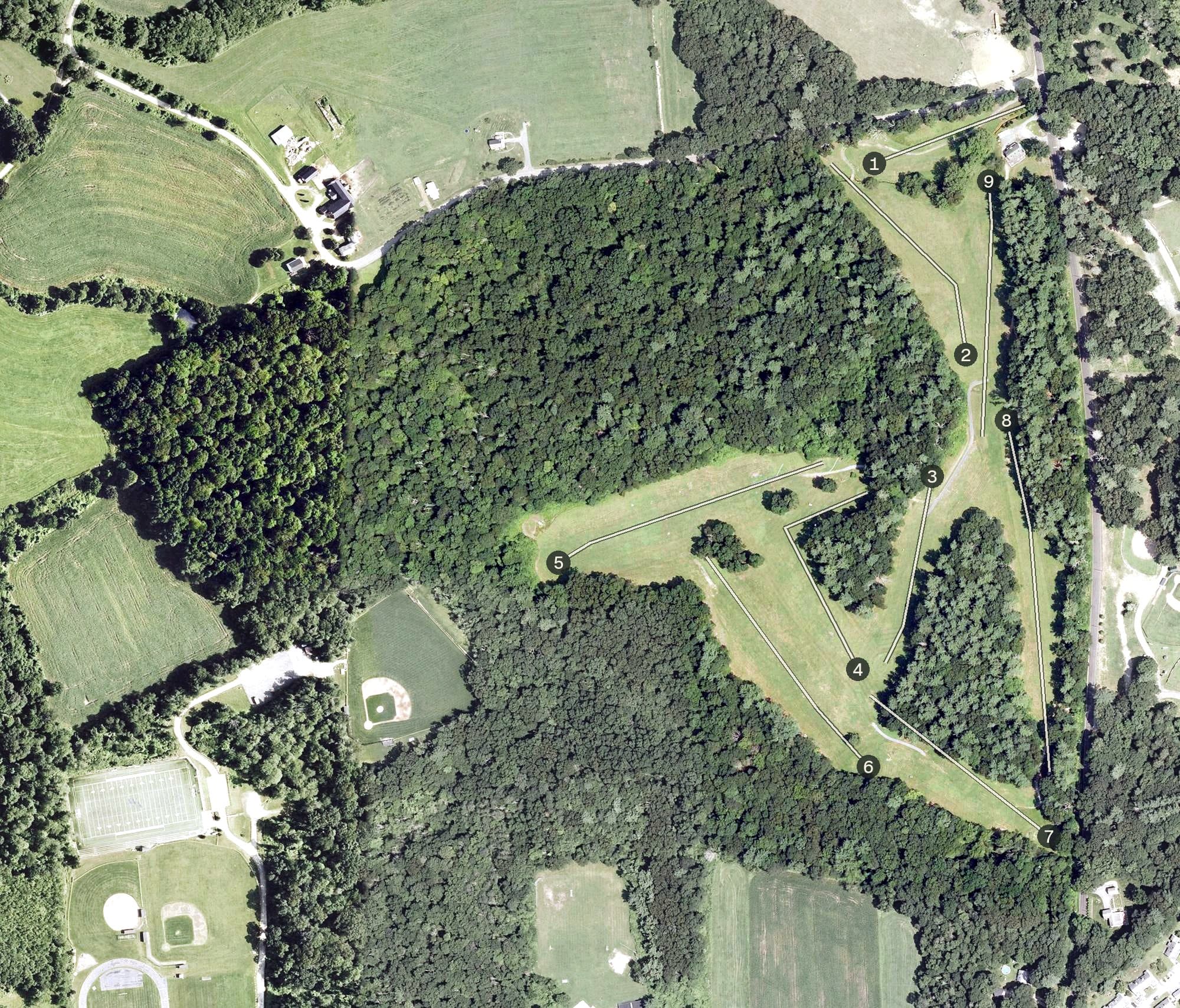Aerial view of Woodstock Golf Course, CT, with its hole routing marked