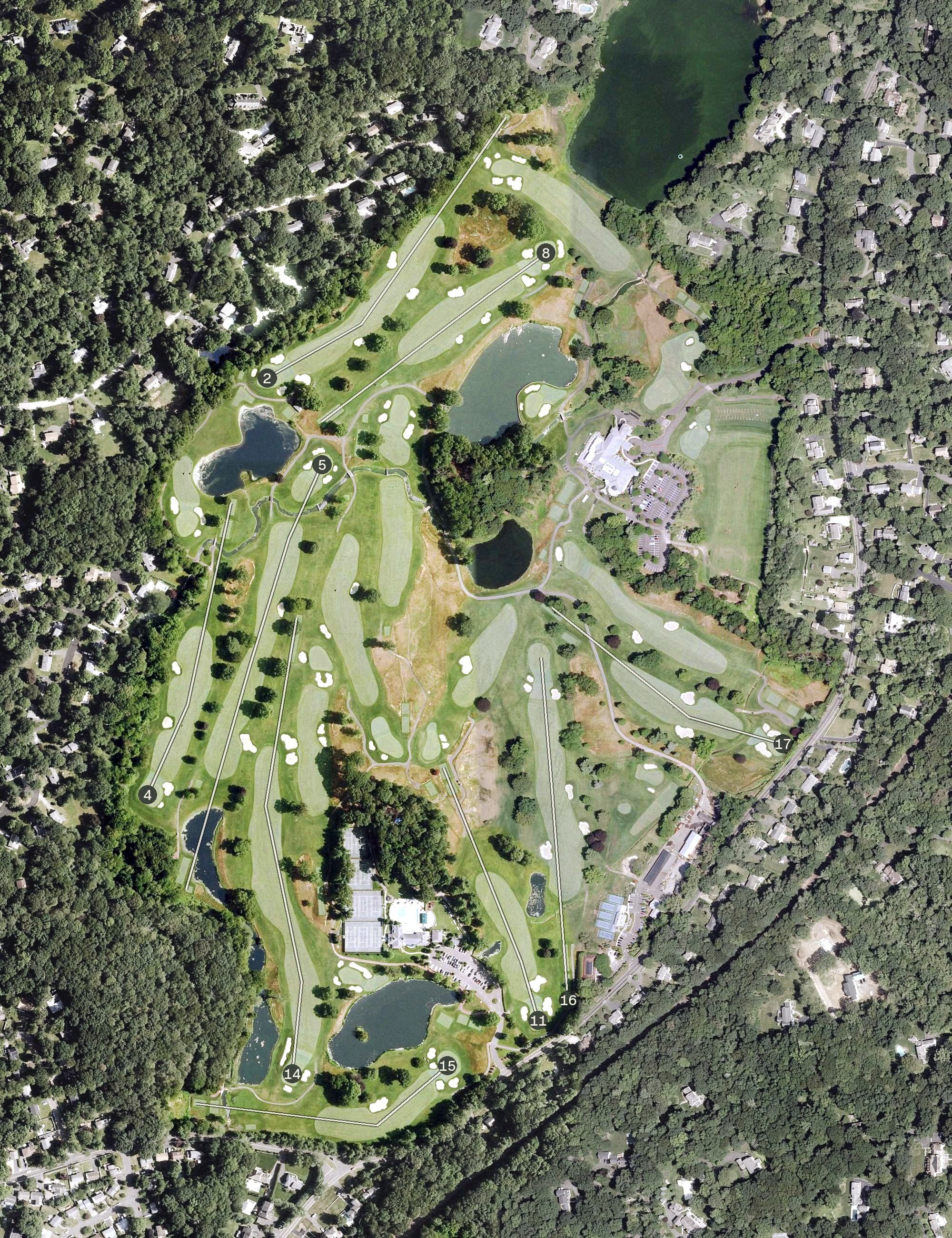 Aerial view of Woodway Country Club, CT, with its hole routing marked
