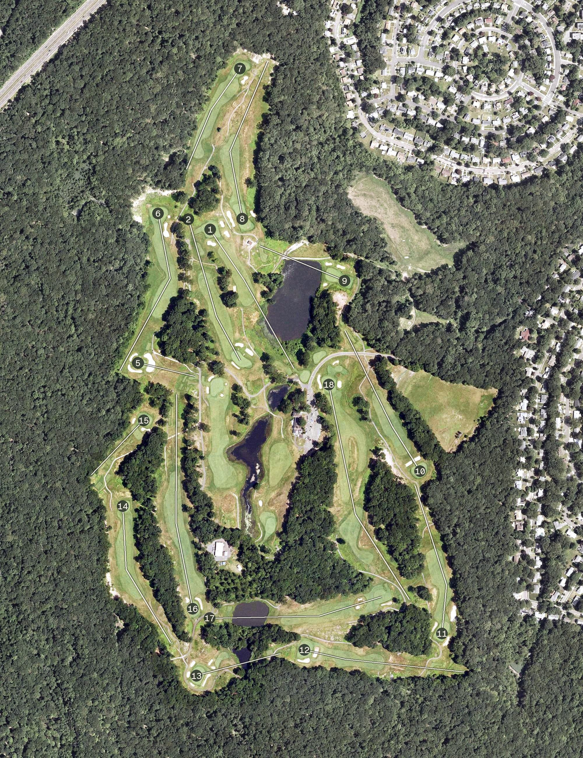 Aerial view of Yale Golf Course, CT, with its hole routing marked