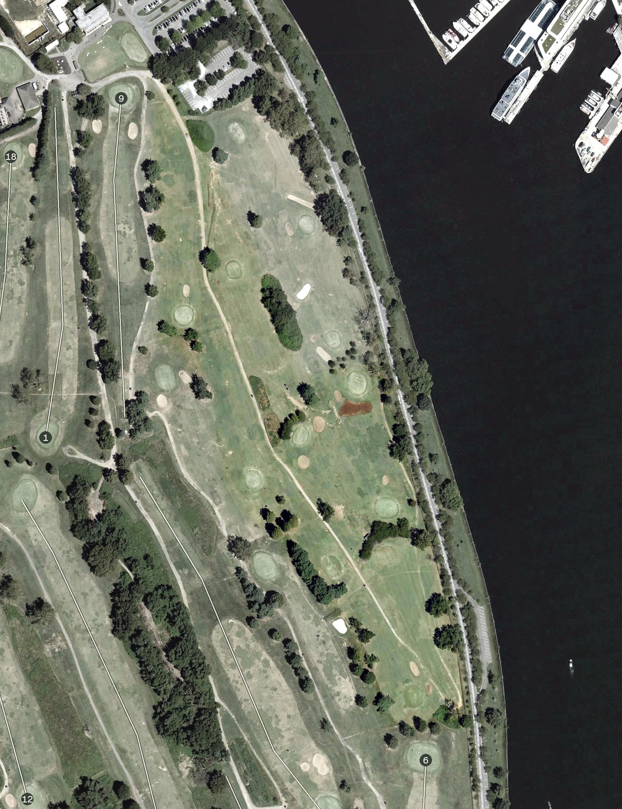 Aerial view of East Potomac Red Course, DC, with its hole routing marked