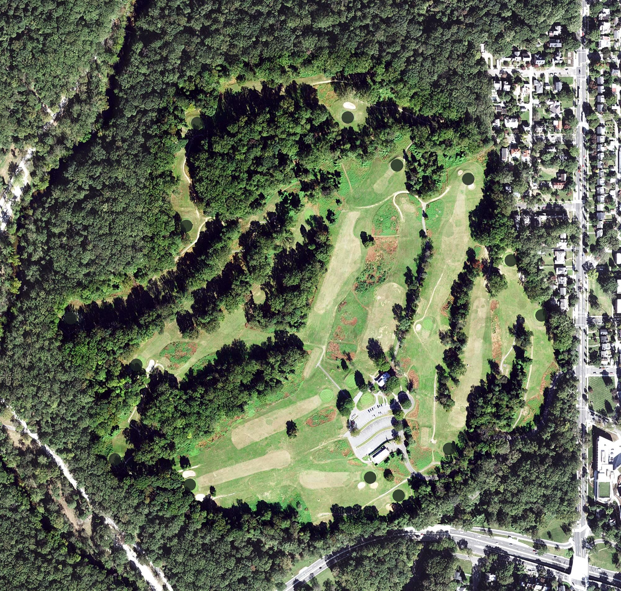 Aerial view of Rock Creek Park Public Golf Course, DC, with its hole routing marked