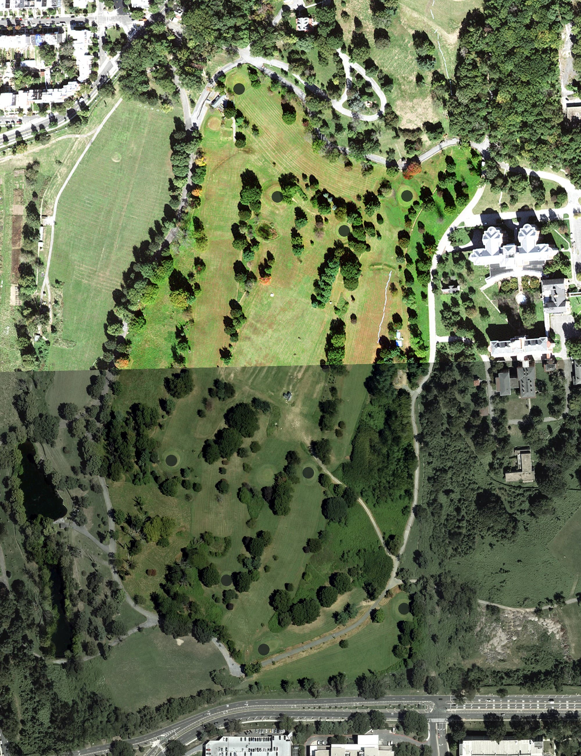 Aerial view of U.S. Soldiers' and Airmen's Home Golf Course, DC, with its hole routing marked