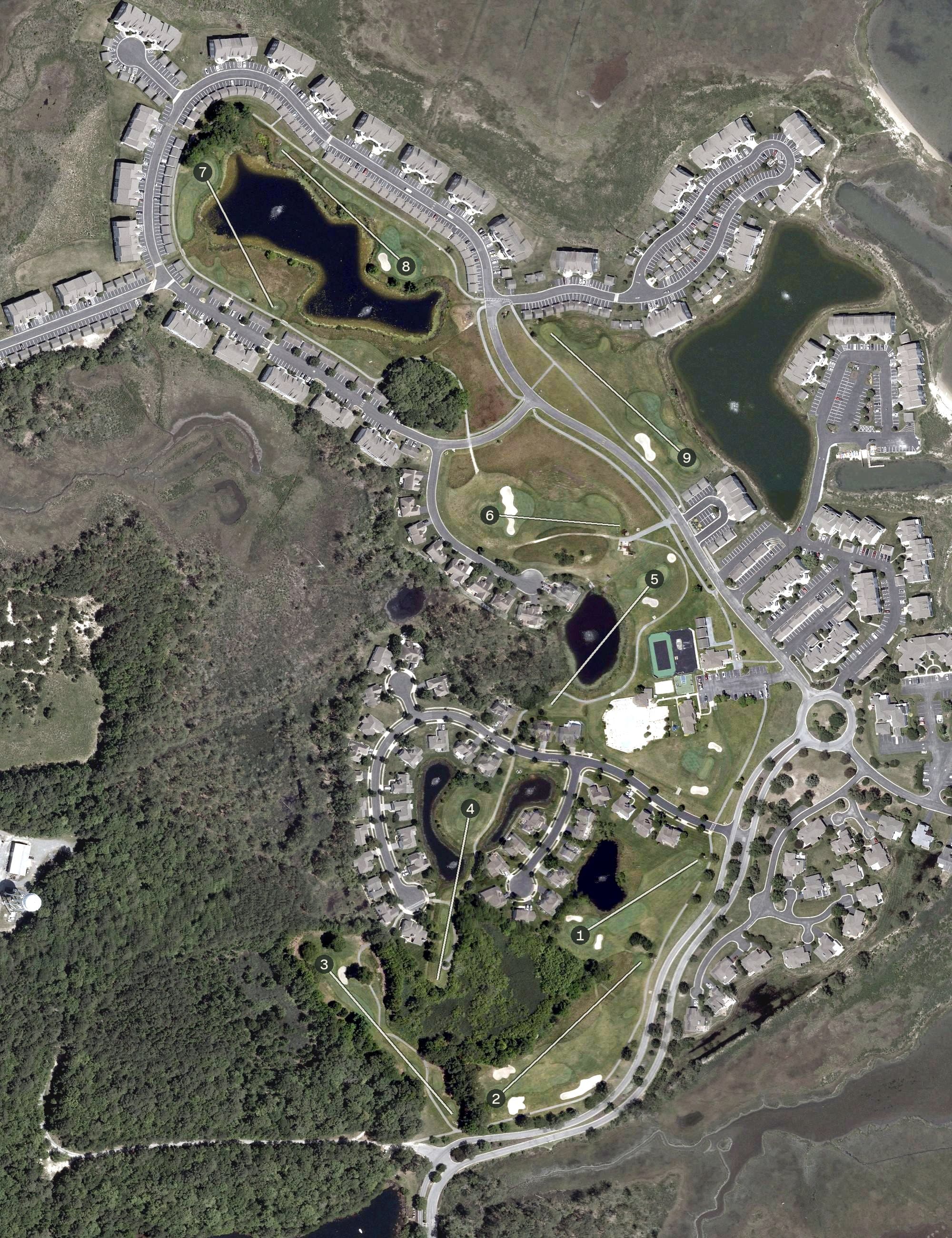 Aerial view of Bethany Bay Golf Club, DE, with its hole routing marked