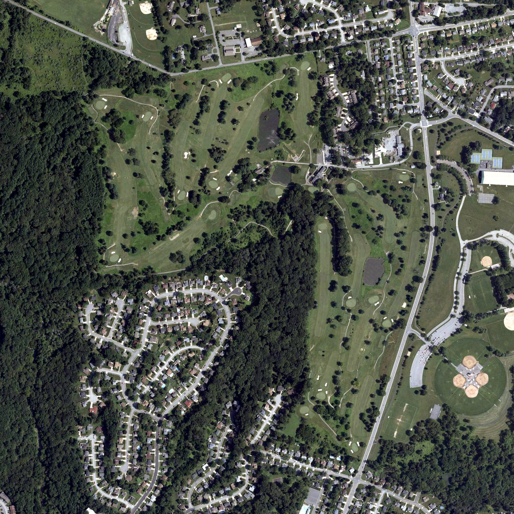 Aerial view of Delcastle Golf Course, DE, with its hole routing marked