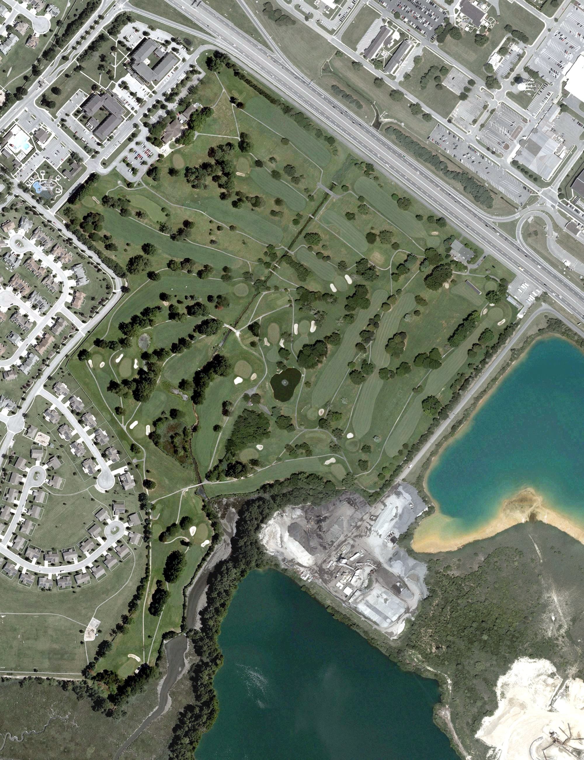 Aerial view of Eagle Creek Golf Course, DE, with its hole routing marked
