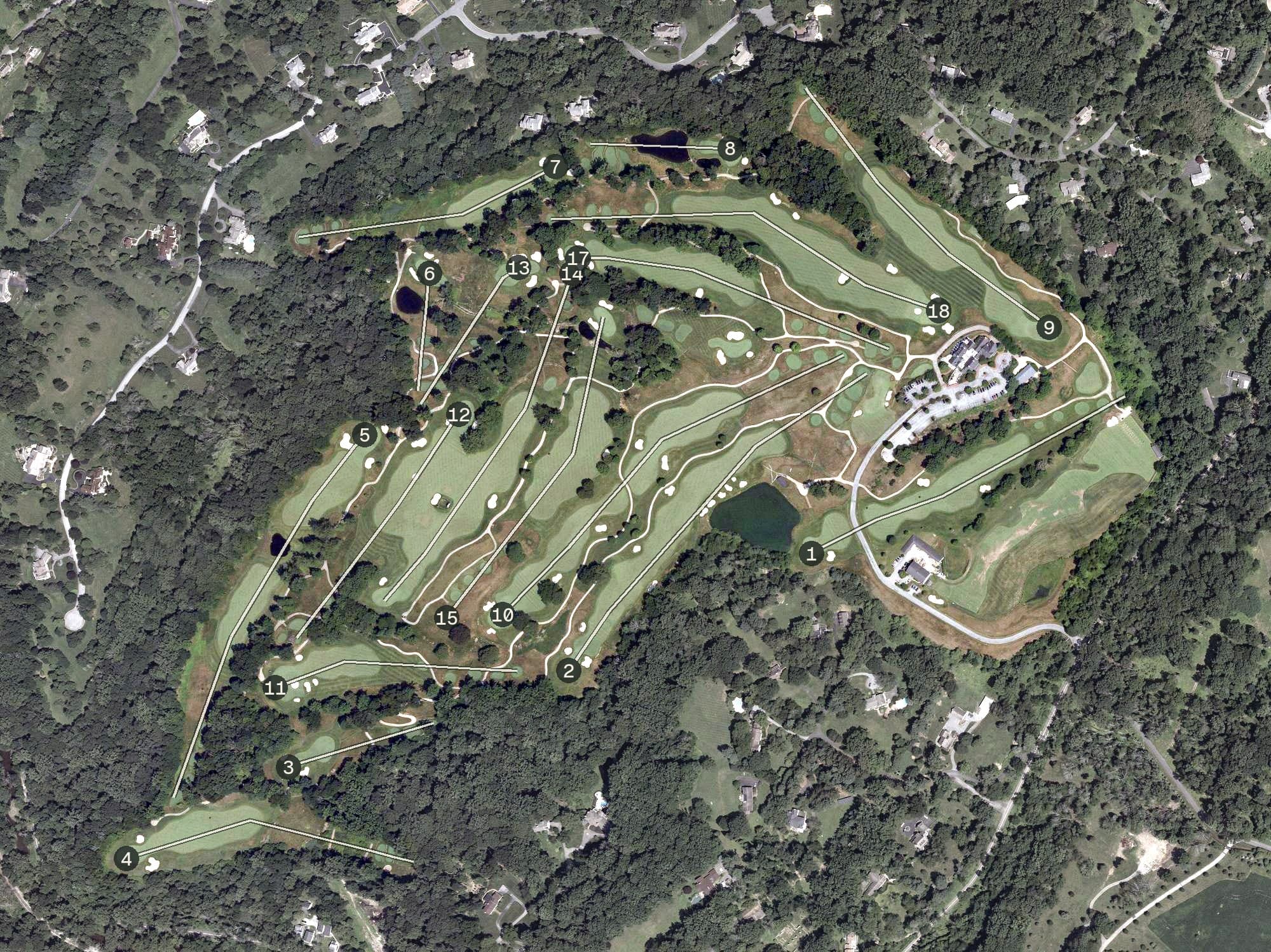 Aerial view of Fieldstone Golf Club, DE, with its hole routing marked