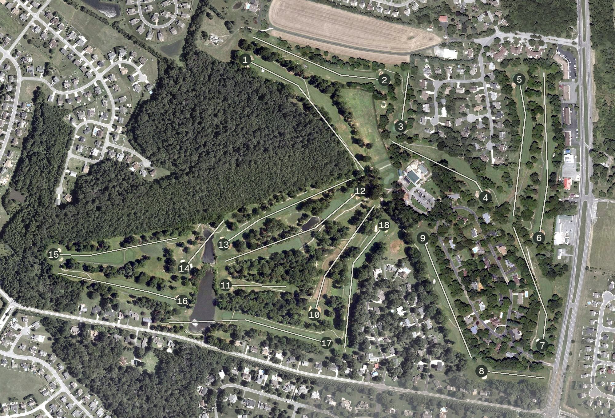 Aerial view of Garrison Lake Golf Course, DE, with its hole routing marked