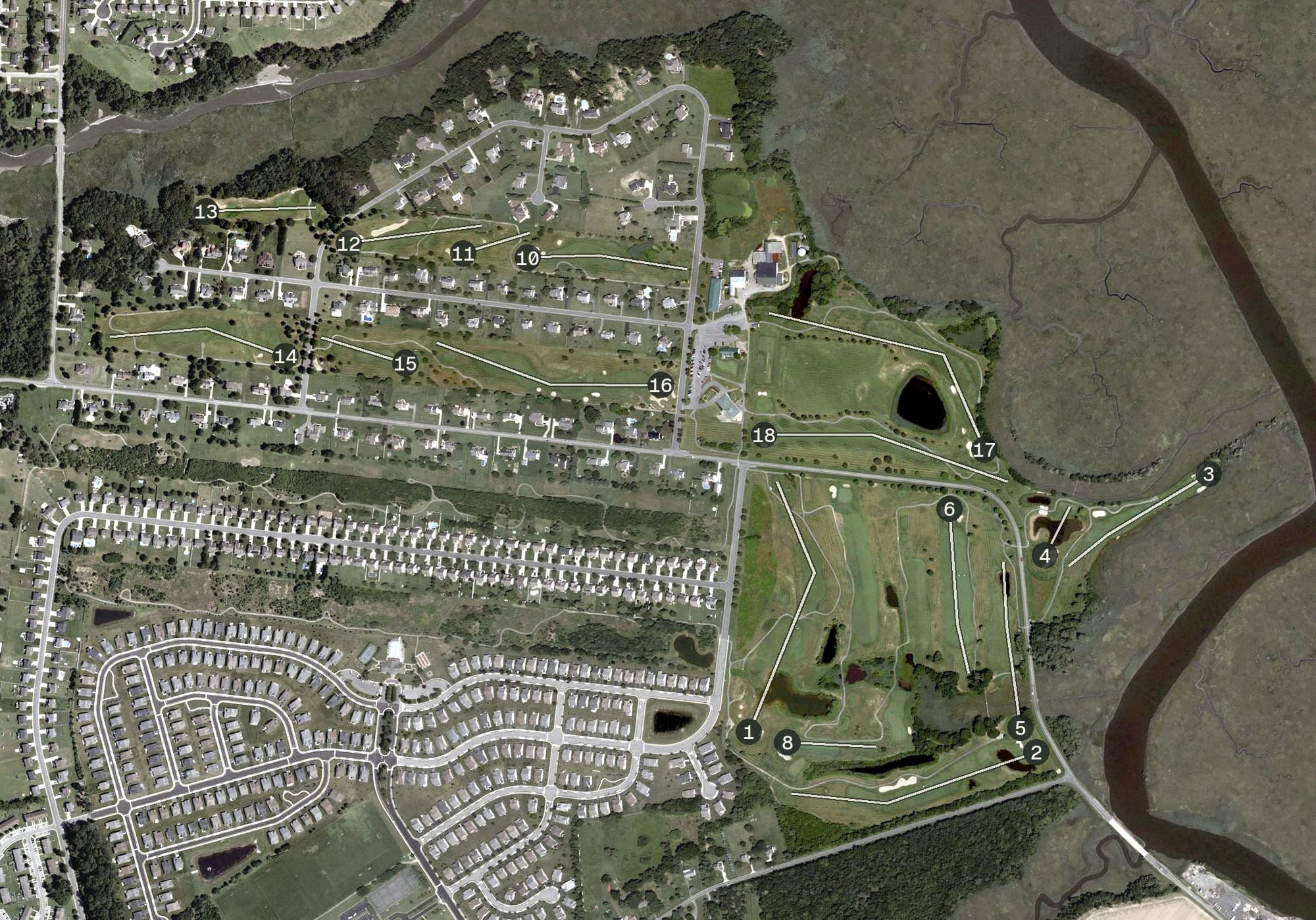 Aerial view of Jonathan's Landing Golf Course, DE, with its hole routing marked