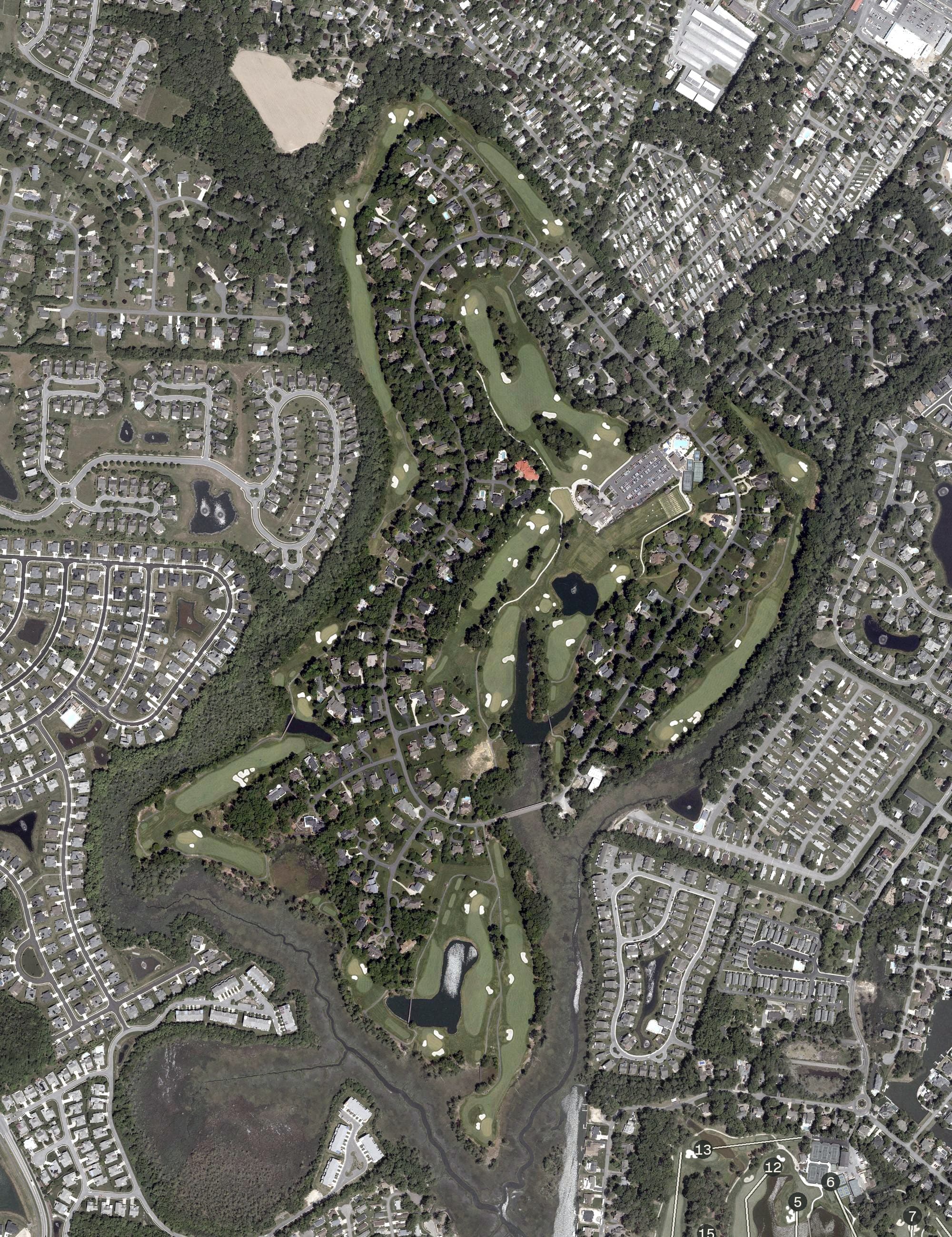 Aerial view of Kings Creek Country Club, DE, with its hole routing marked