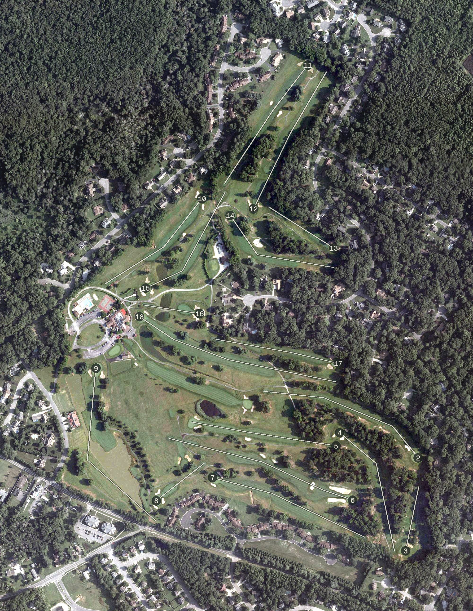 Aerial view of Maple Dale Country Club, DE, with its hole routing marked