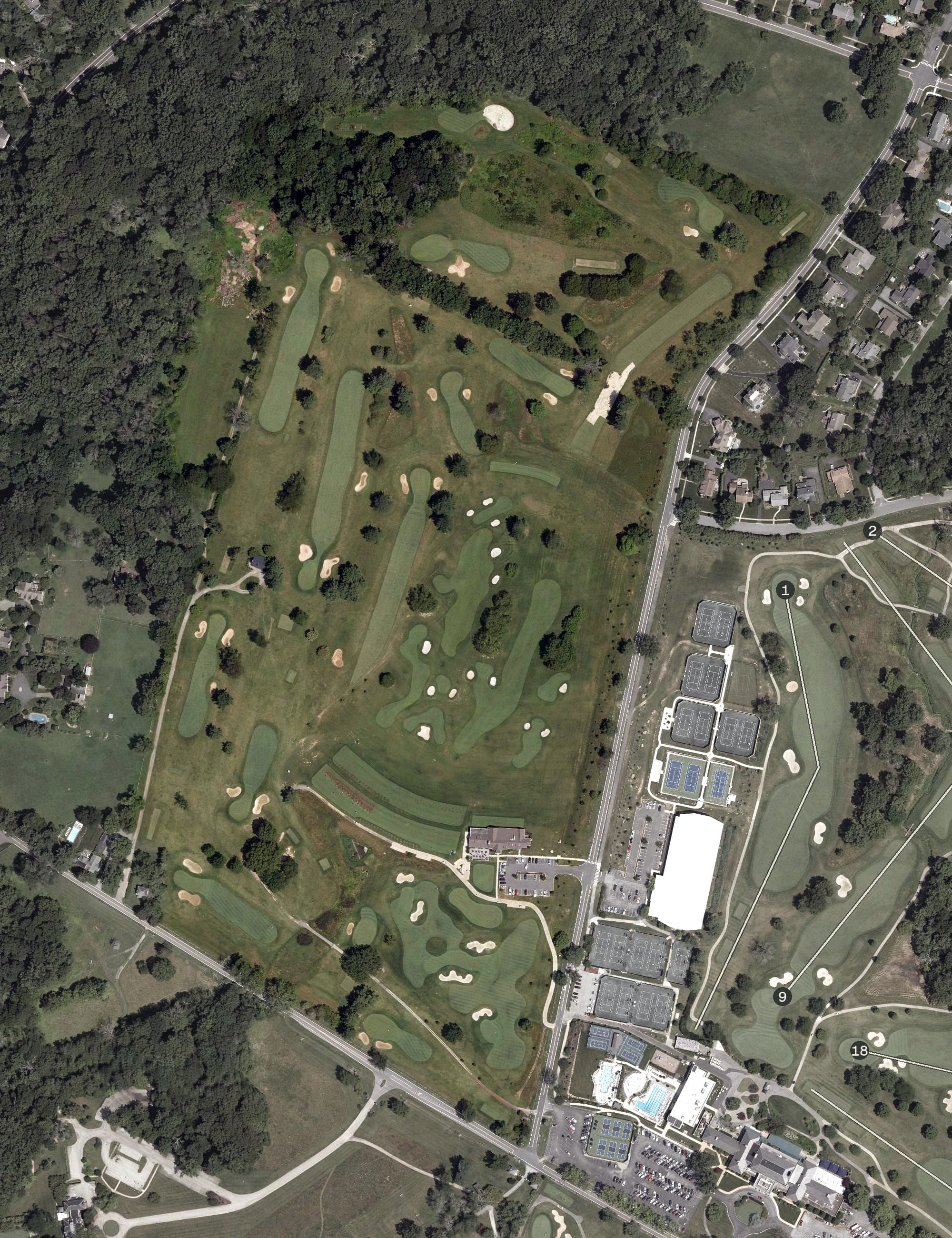 Aerial view of Montchanin Course, DE, with its hole routing marked