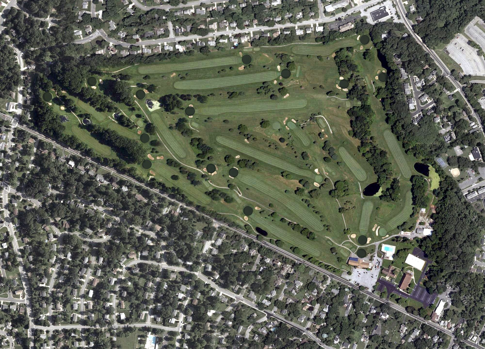 Aerial view of Newark Country Club, DE, with its hole routing marked