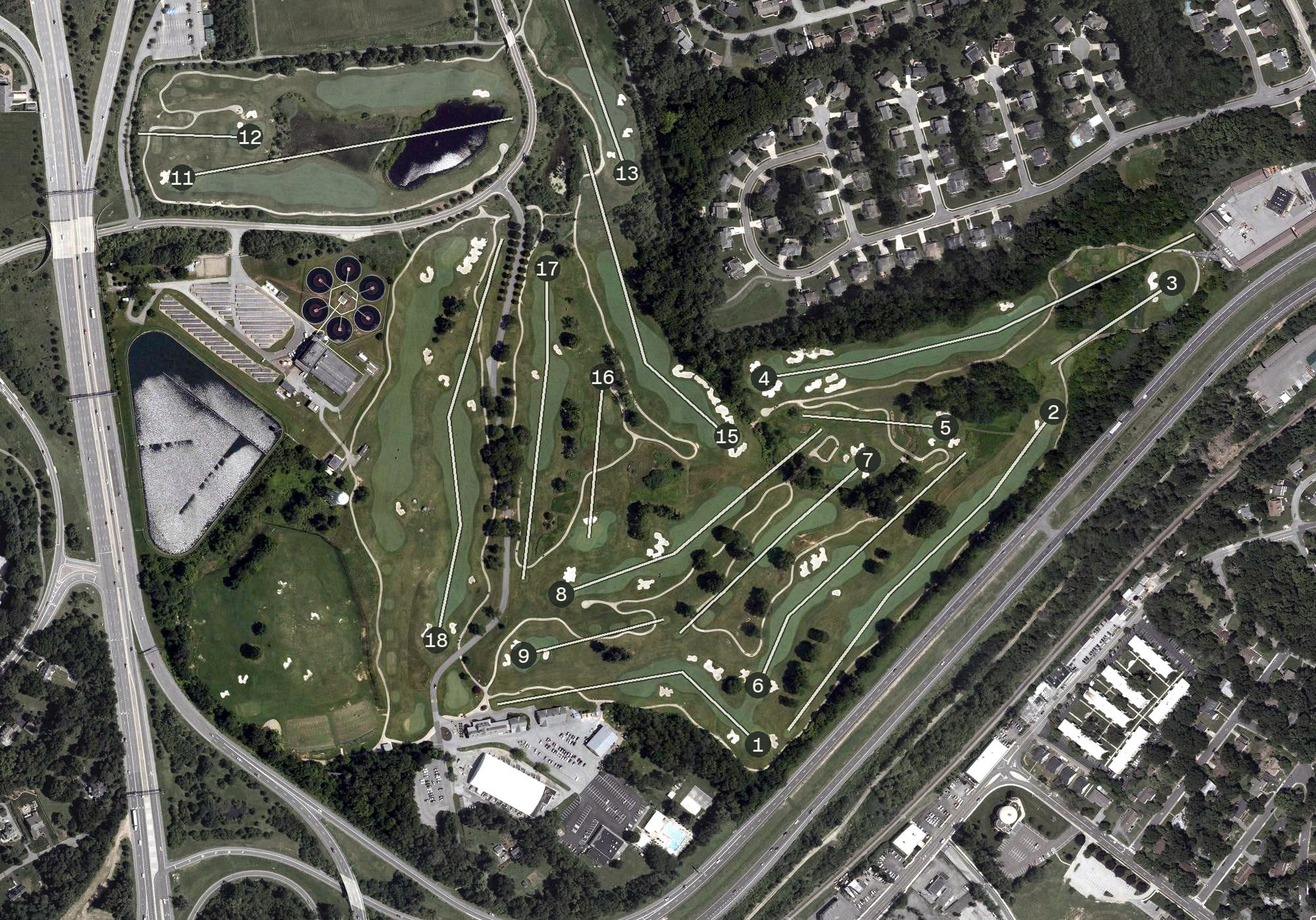 Aerial view of Rock Manor Golf Course, DE, with its hole routing marked