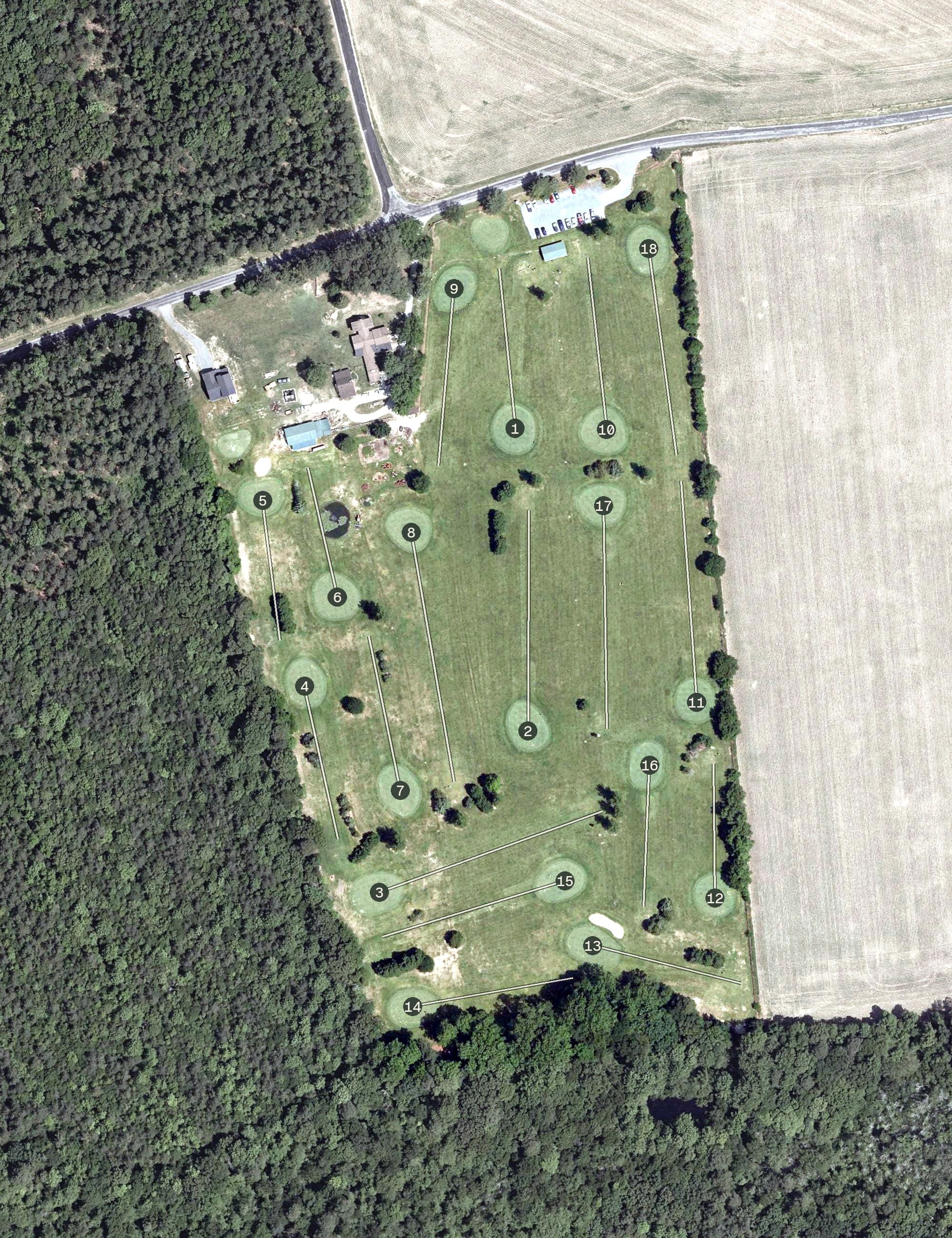 Aerial view of Stenger's Shamrock Farms Par 3, DE, with its hole routing marked