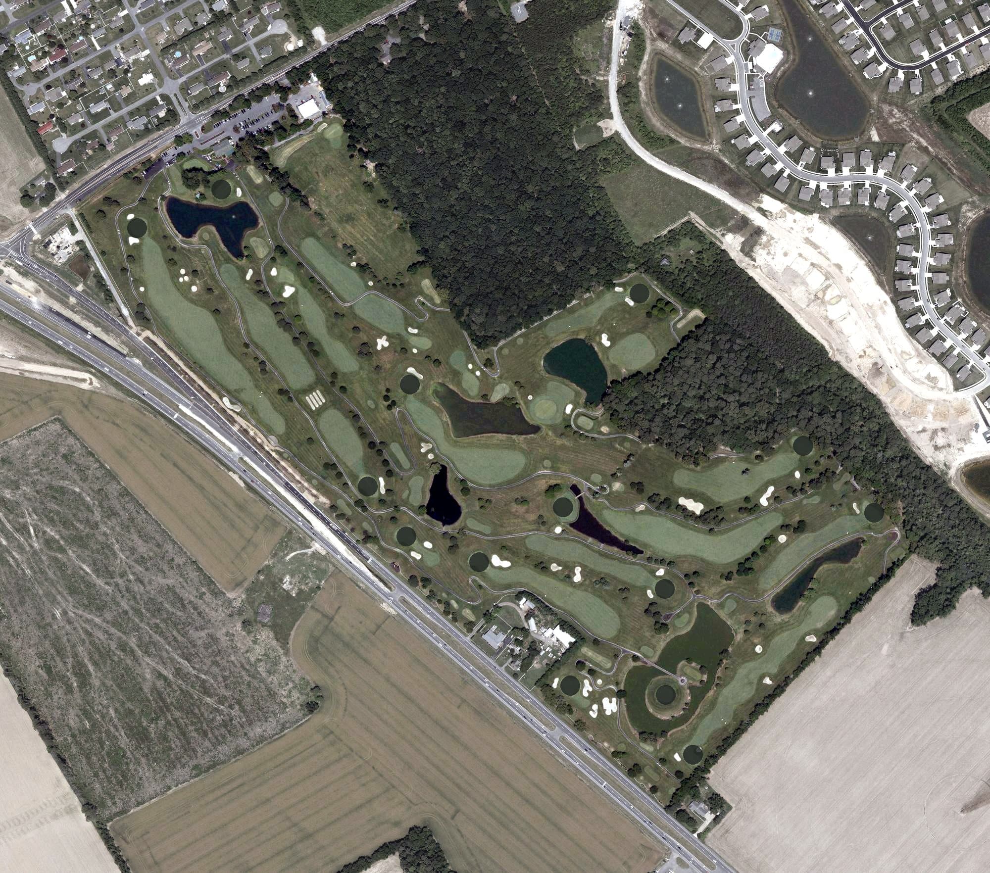 Aerial view of The Rookery Golf Course, DE, with its hole routing marked