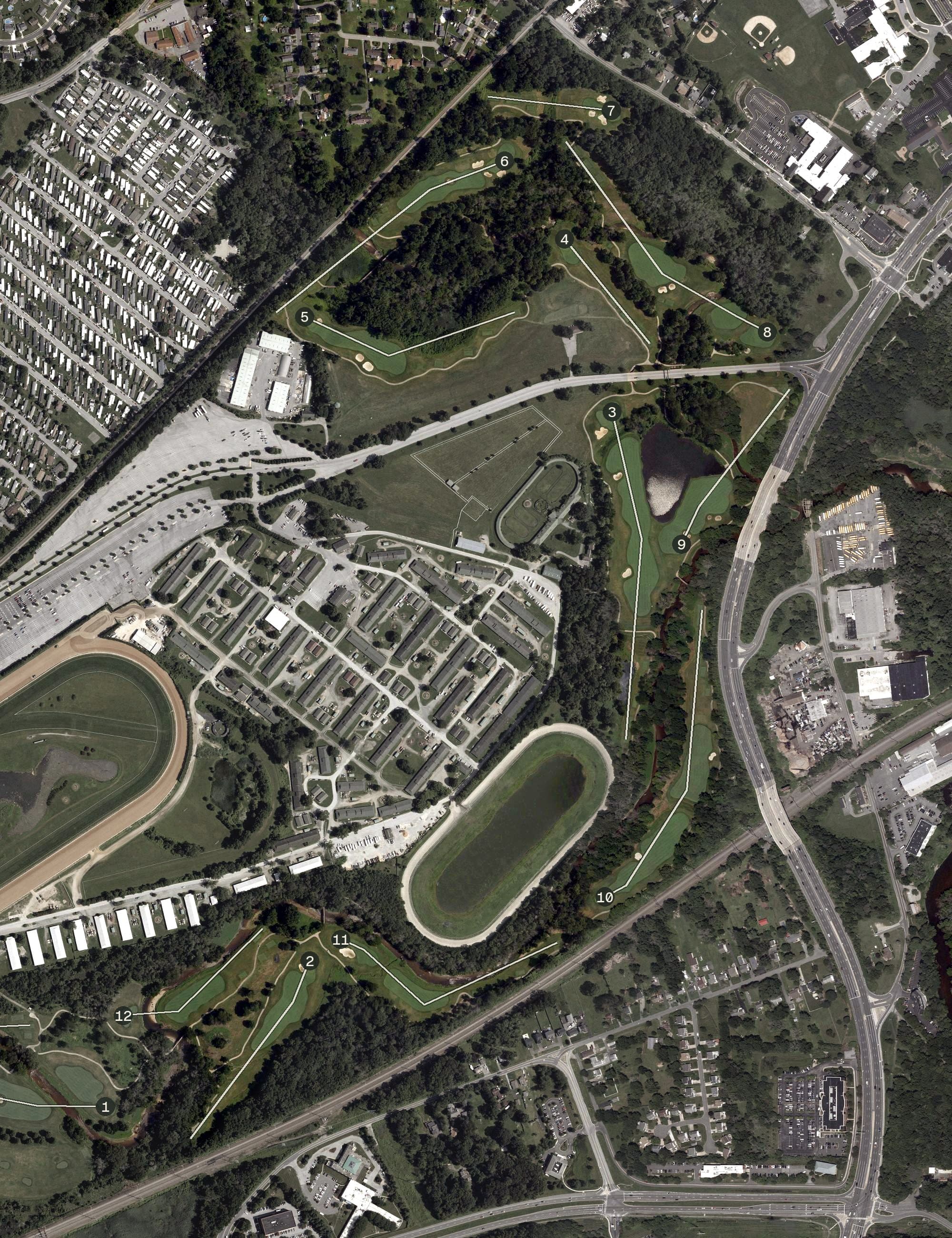 Aerial view of White Clay Creek Country Club, DE, with its hole routing marked