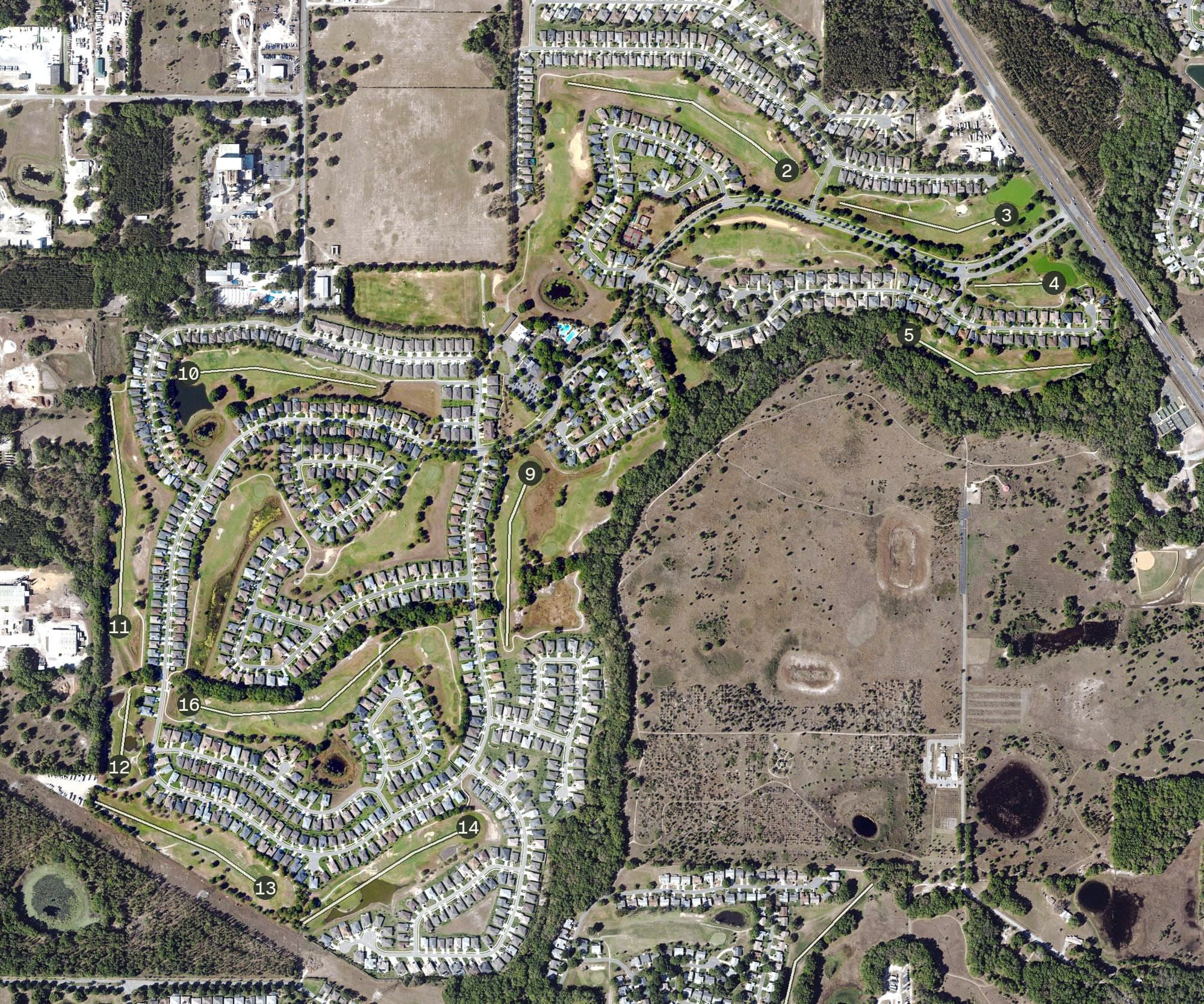 Aerial view of Arlington Ridge Golf Club, FL, with its hole routing marked