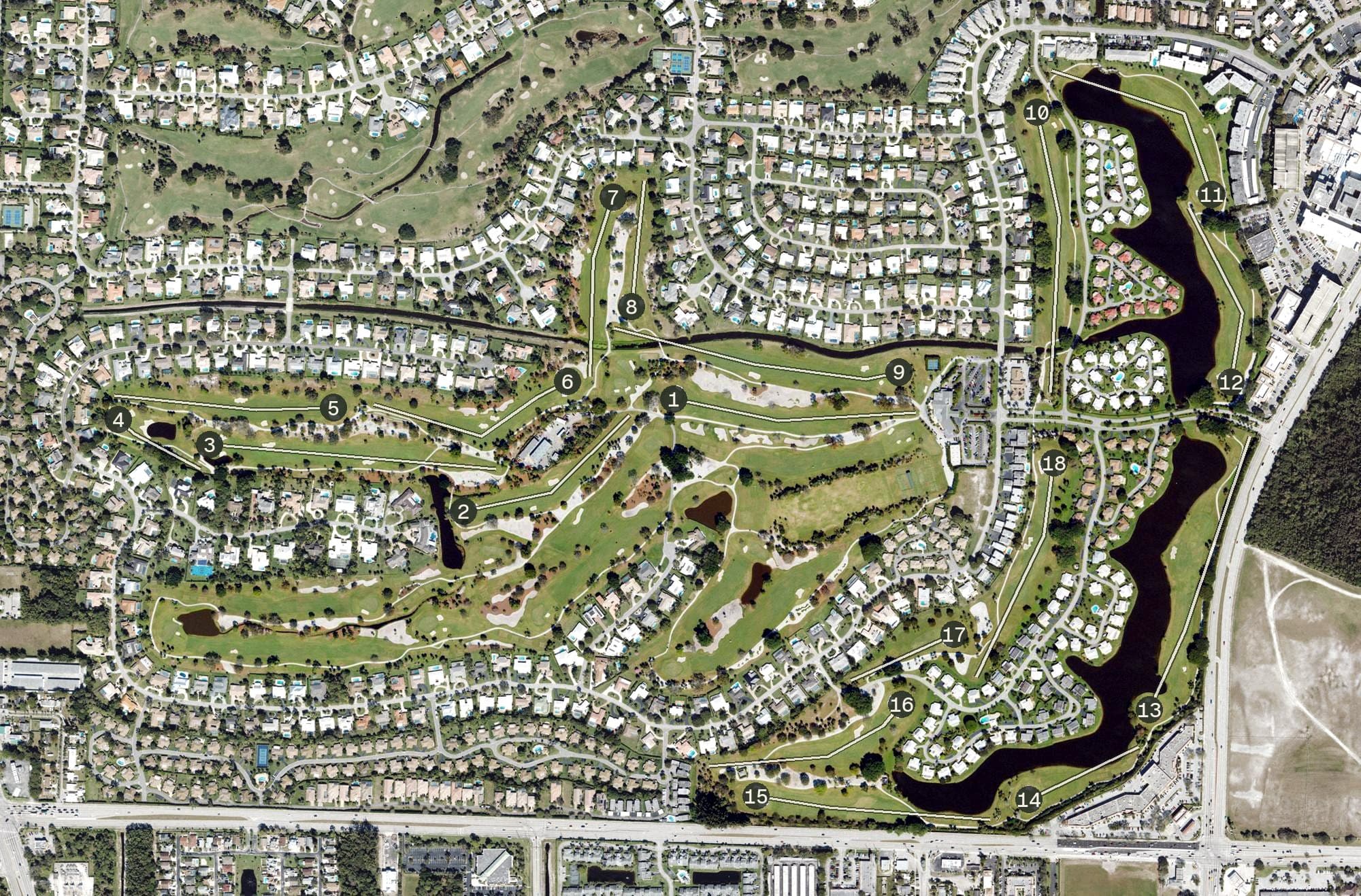 Aerial view of Atlantis Golf Club, FL, with its hole routing marked