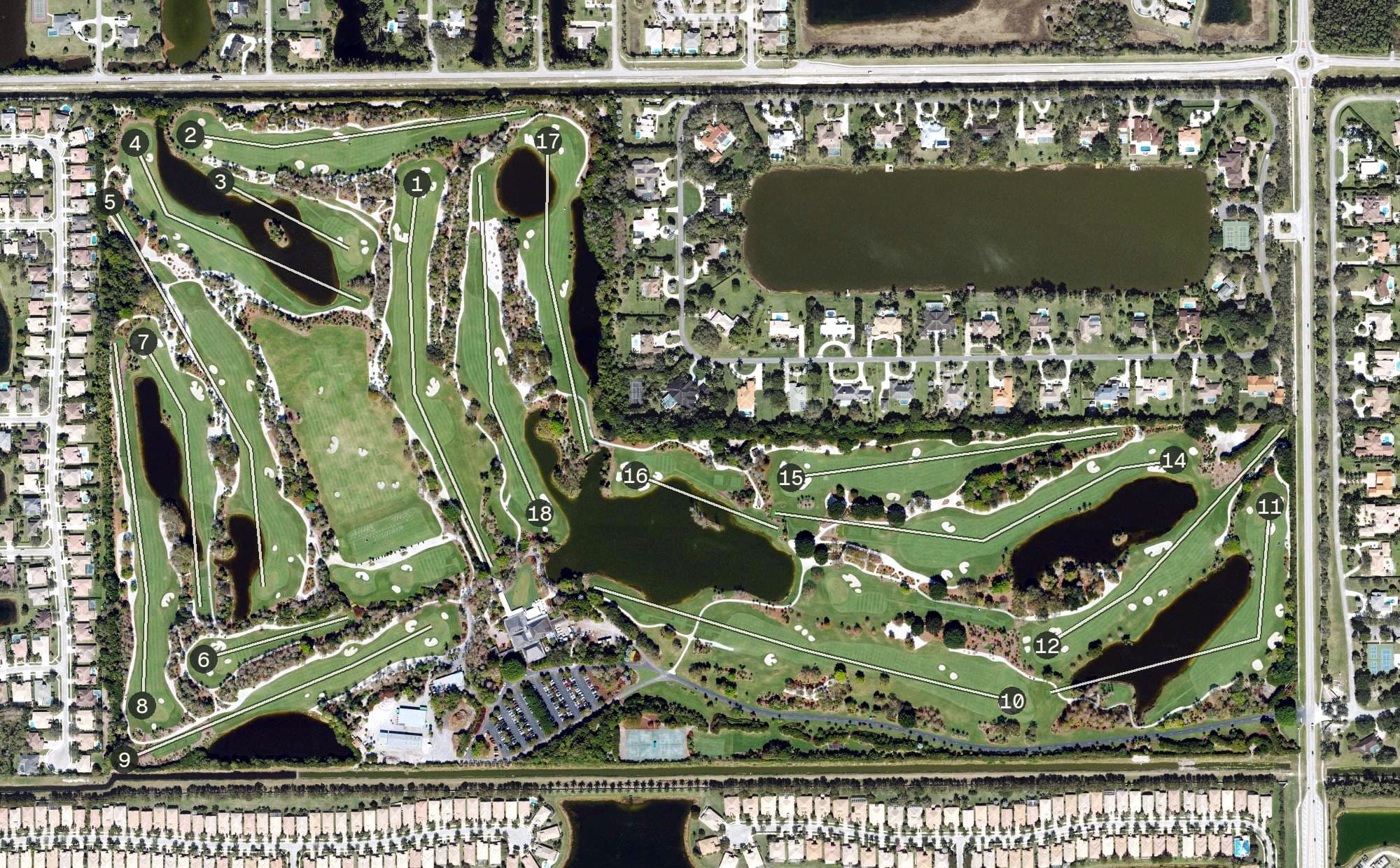 Aerial view of Banyan Golf Club, FL, with its hole routing marked
