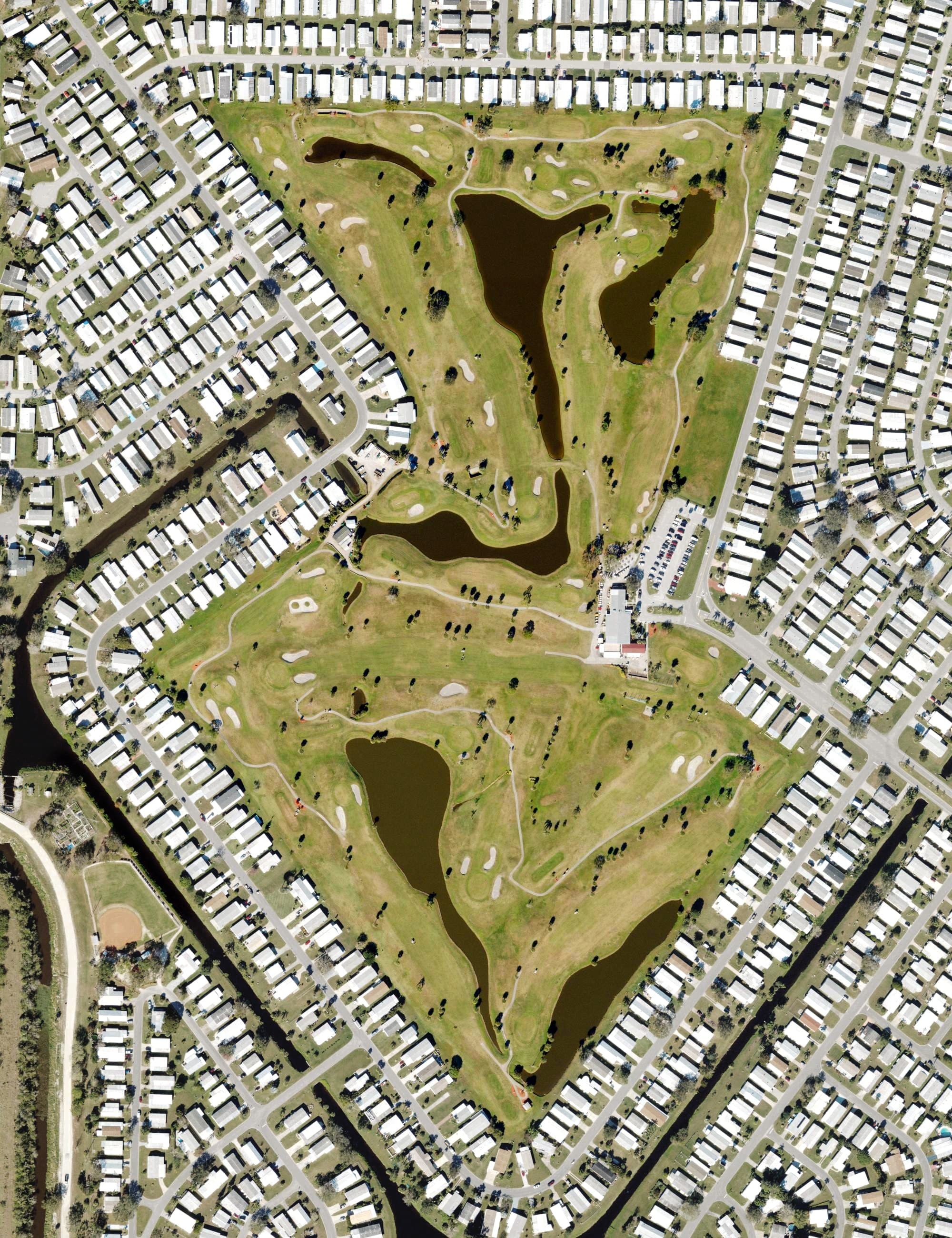 Aerial view of Barefoot Bay Golf Course, FL, with its hole routing marked