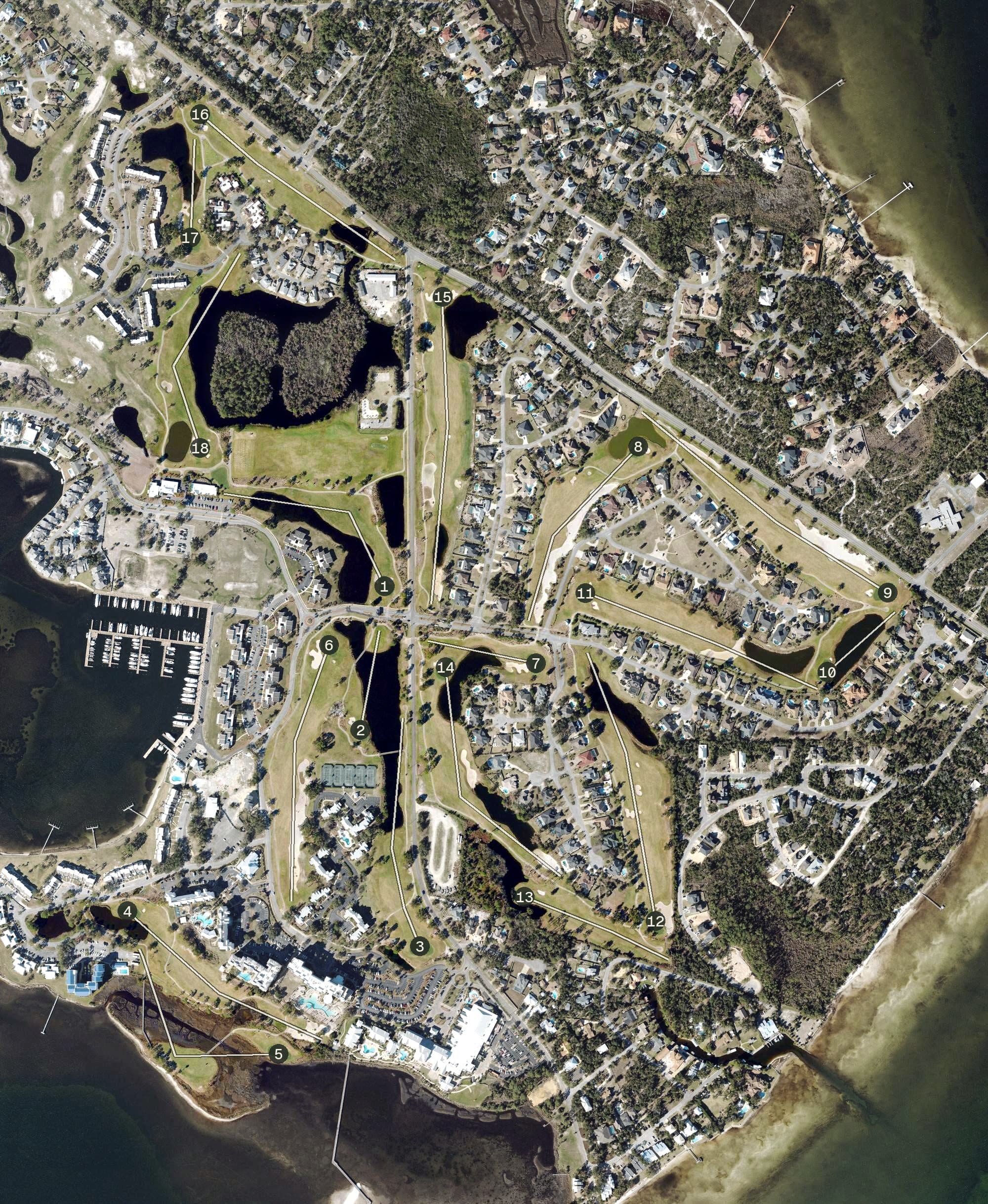 Aerial view of Bay Point Resort Golf Club, FL, with its hole routing marked