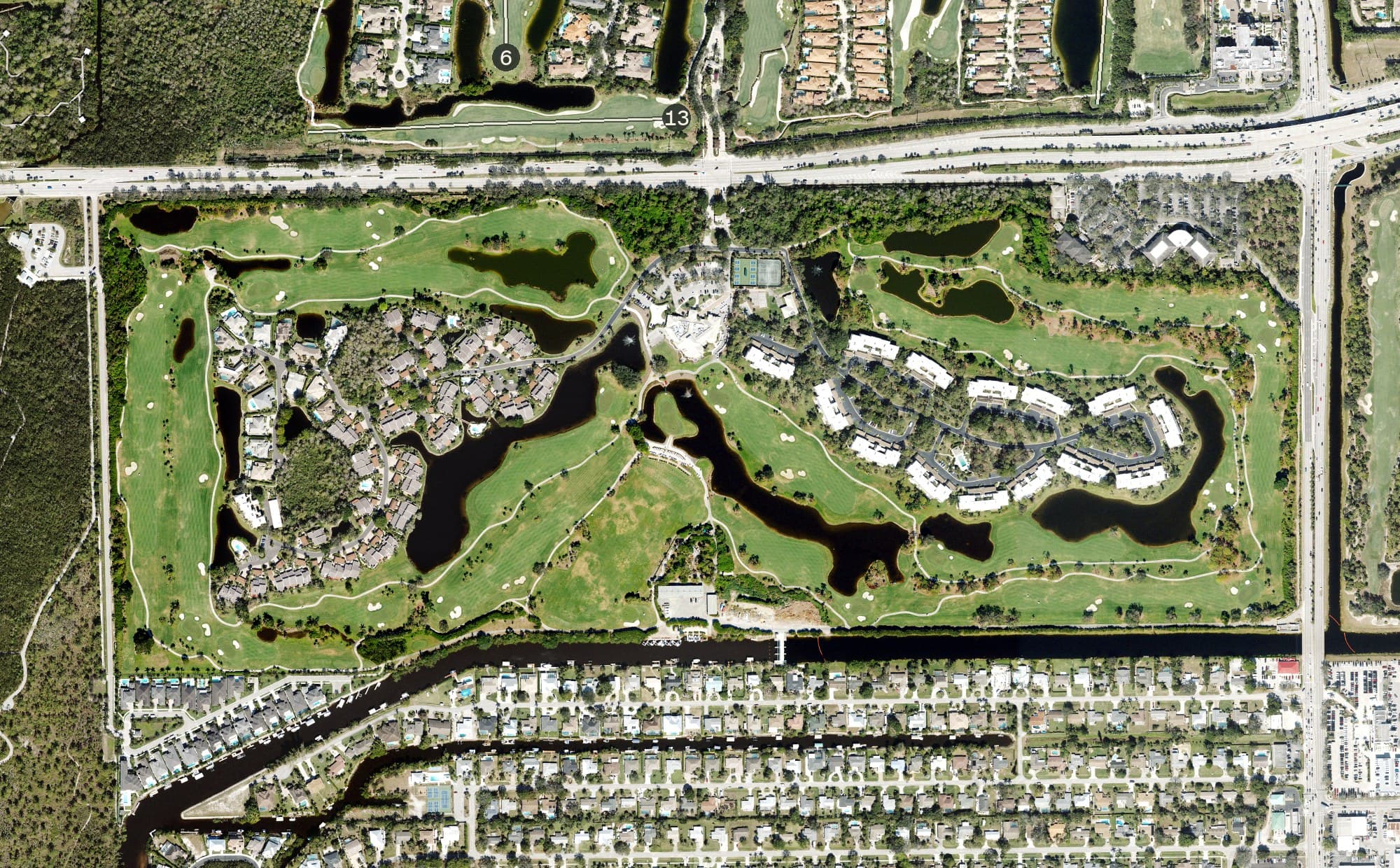 Aerial view of Bear's Paw Country Club, FL, with its hole routing marked