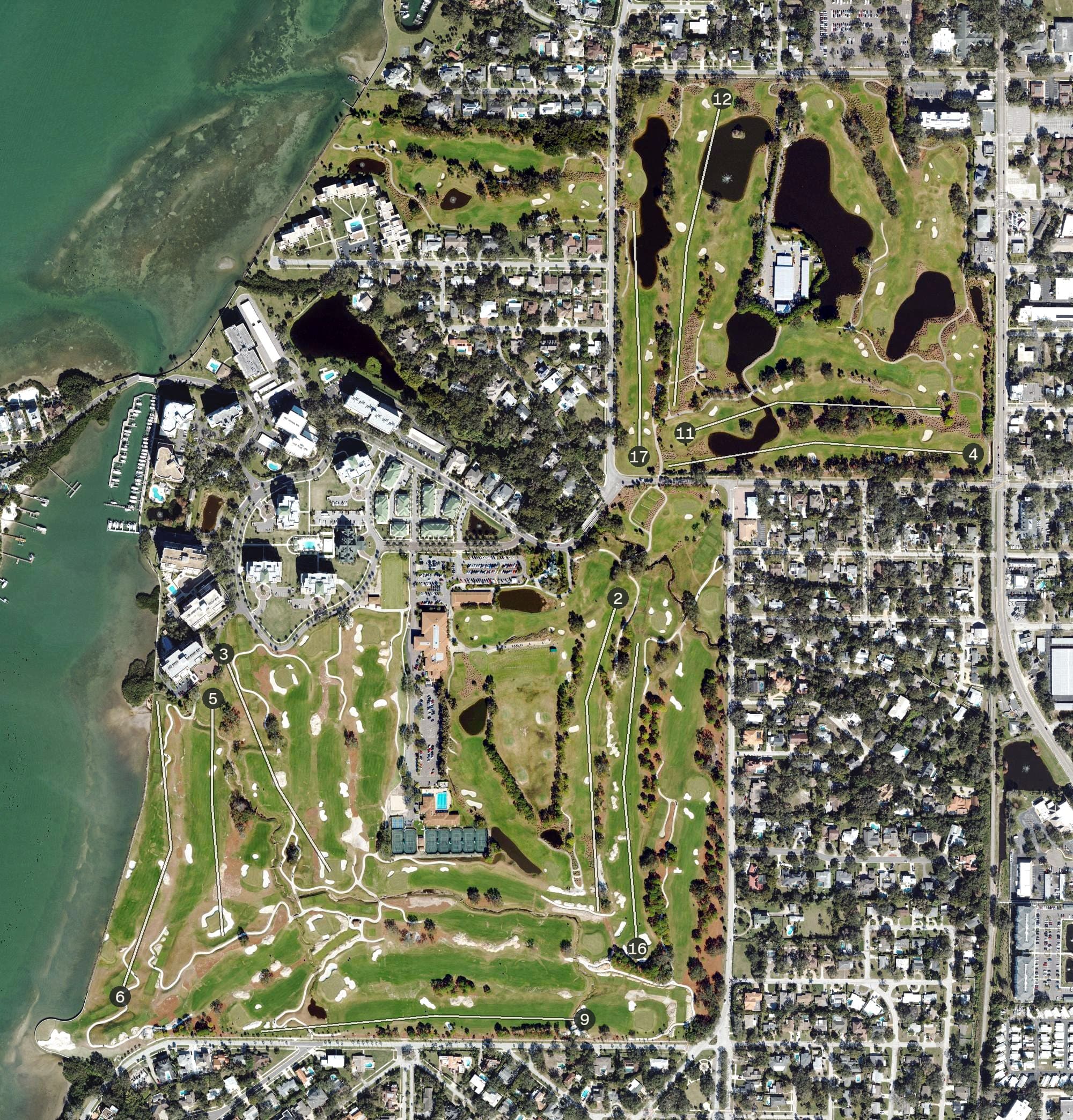 Aerial view of Belleair Country Club, FL, with its hole routing marked