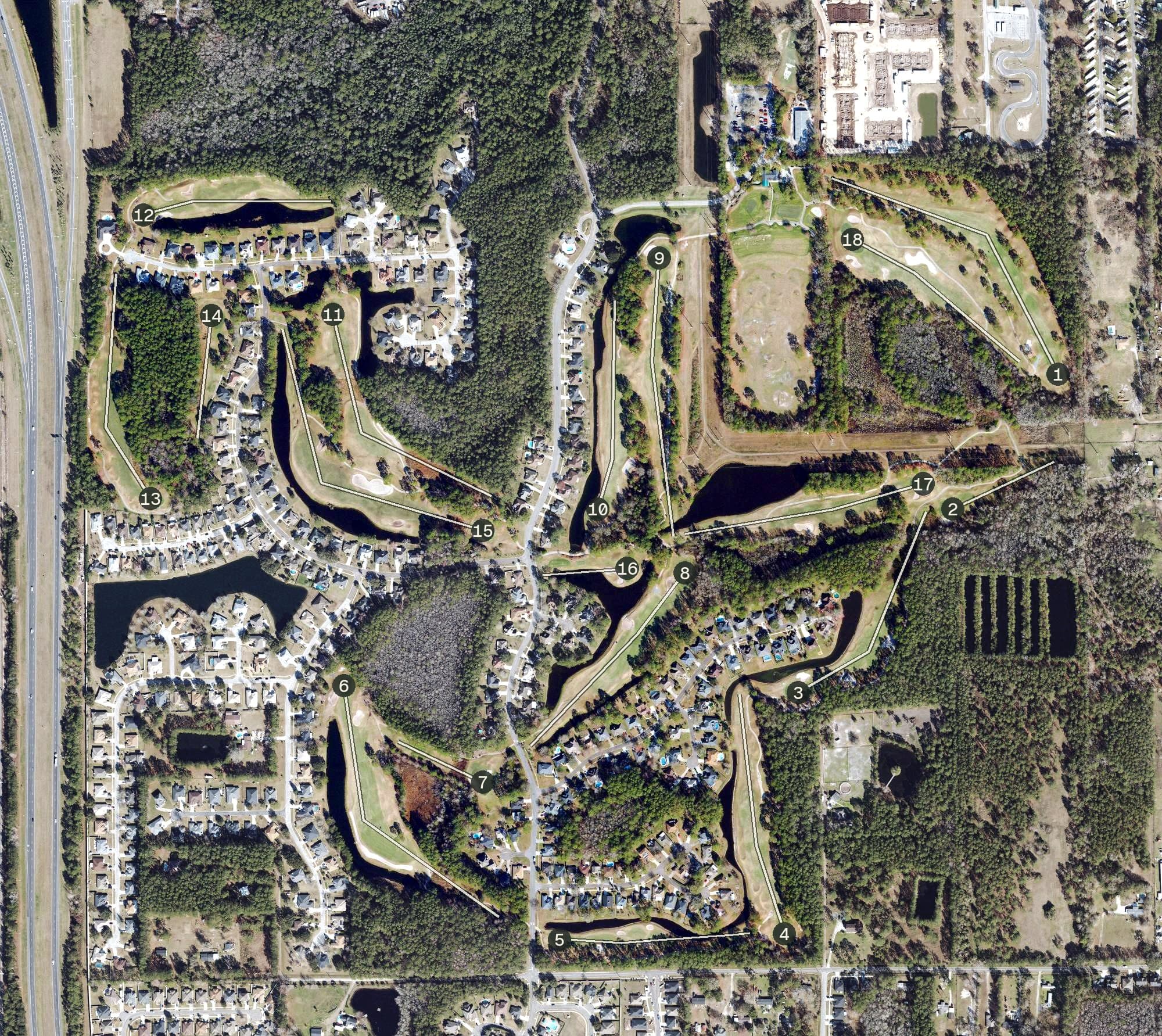 Aerial view of Bent Creek Golf Course, FL, with its hole routing marked