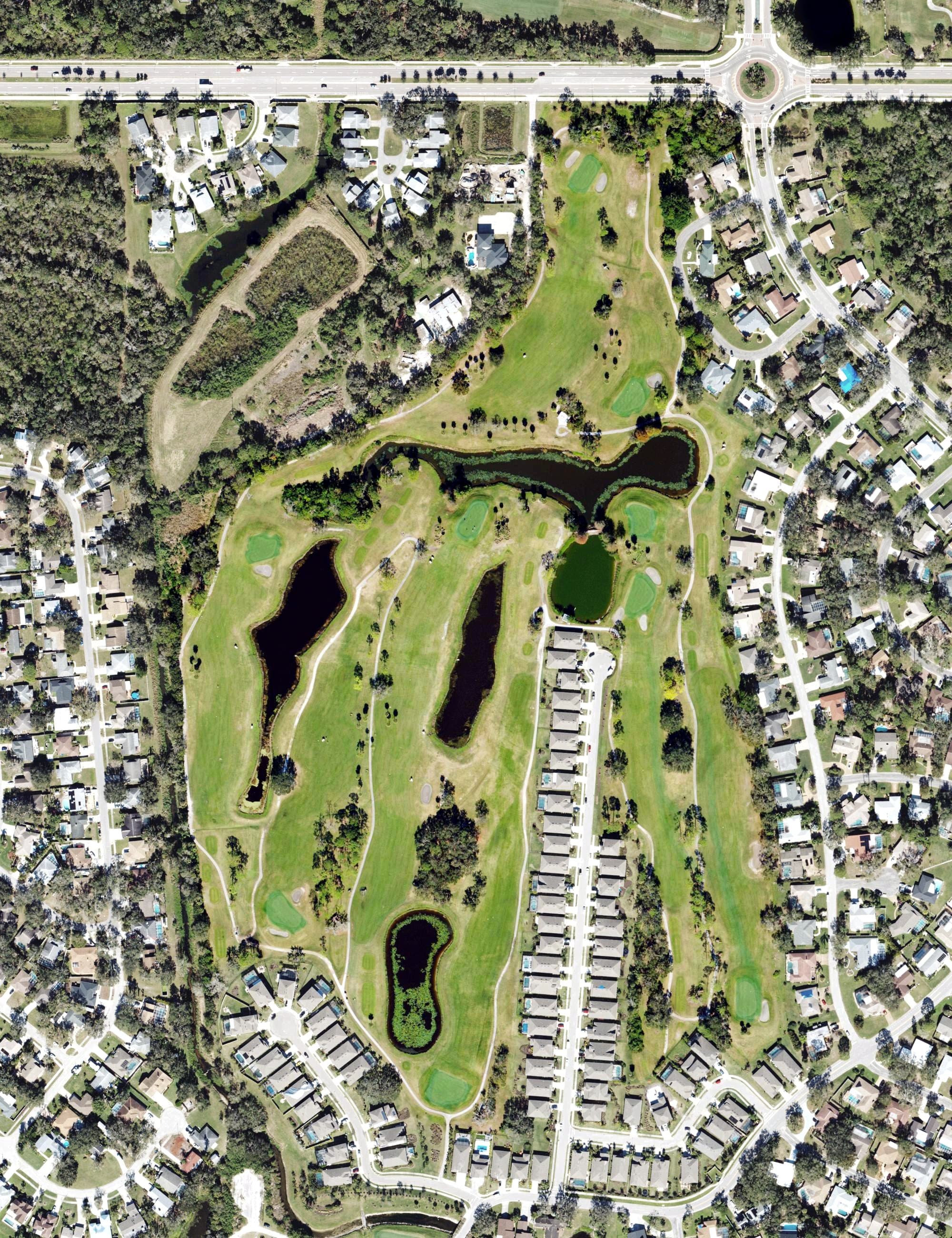 Aerial view of Bent Tree Country Club, FL, with its hole routing marked