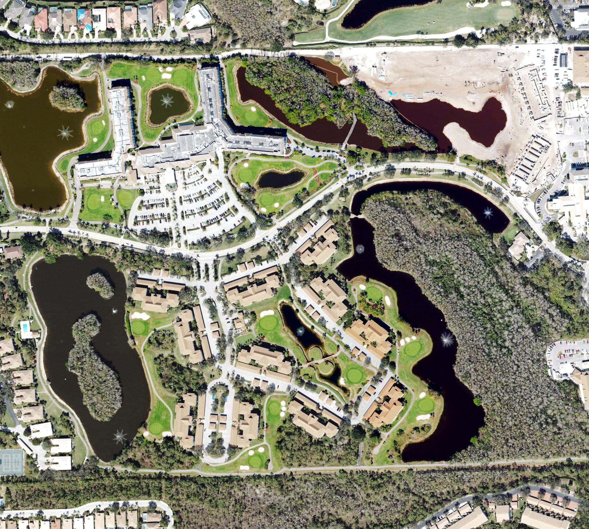 Aerial view of Bentley Village Golf Course, FL, with its hole routing marked