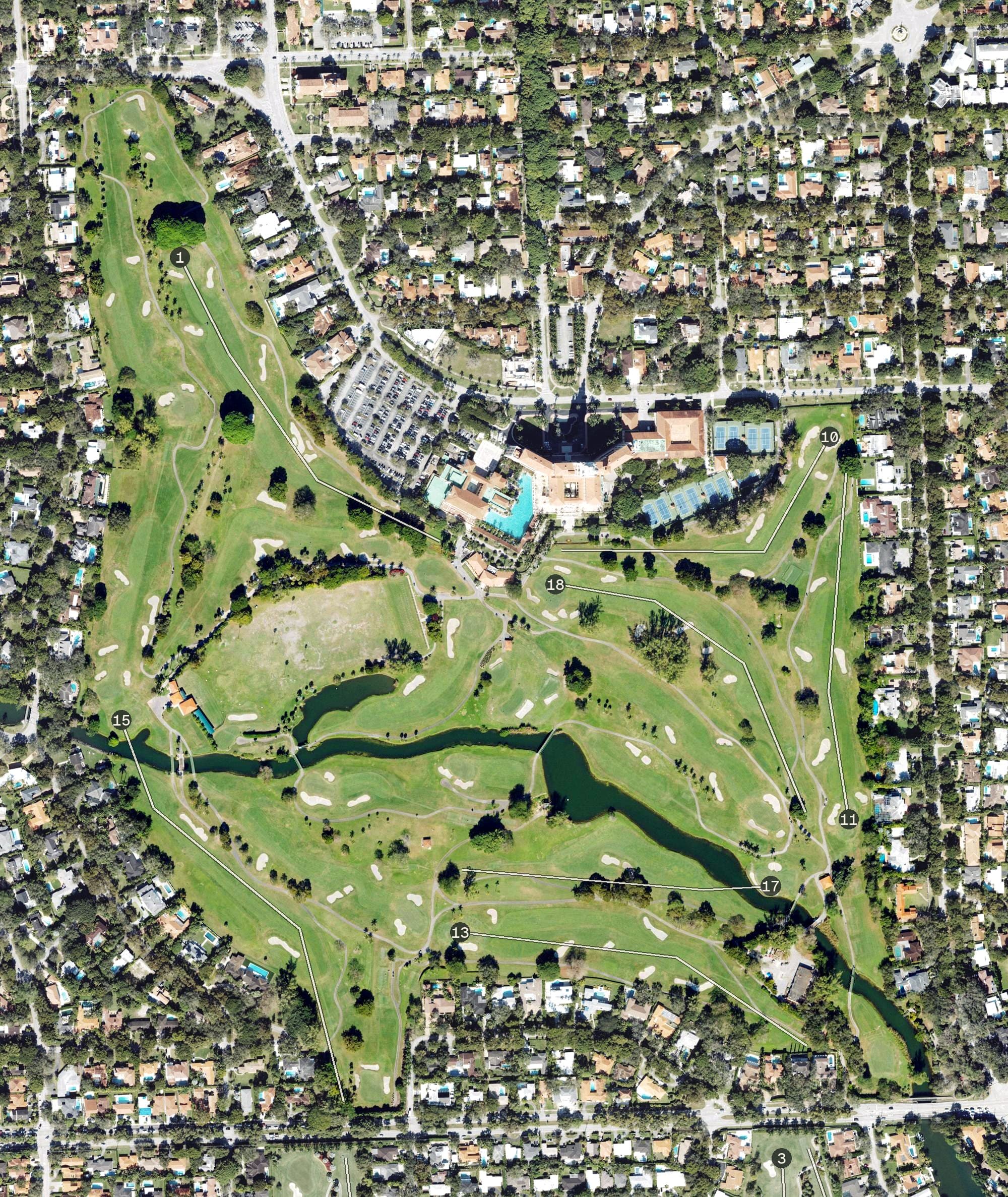 Aerial view of Biltmore Golf Course, FL, with its hole routing marked