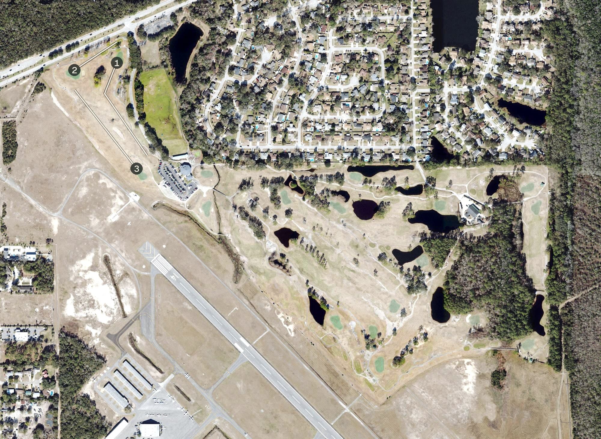 Aerial view of Blue Sky Golf Club, FL, with its hole routing marked