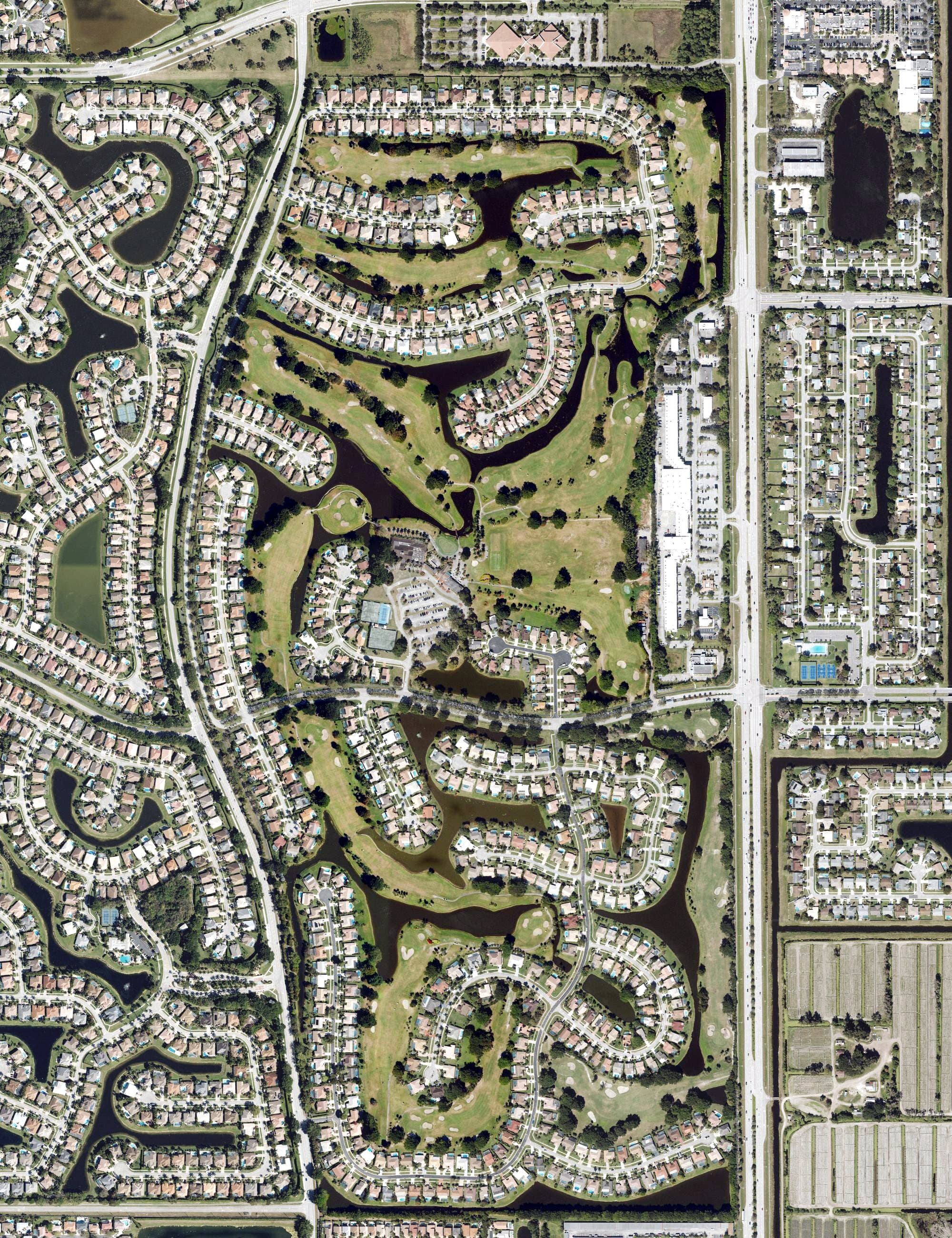 Aerial view of Boca Green Country Club, FL, with its hole routing marked